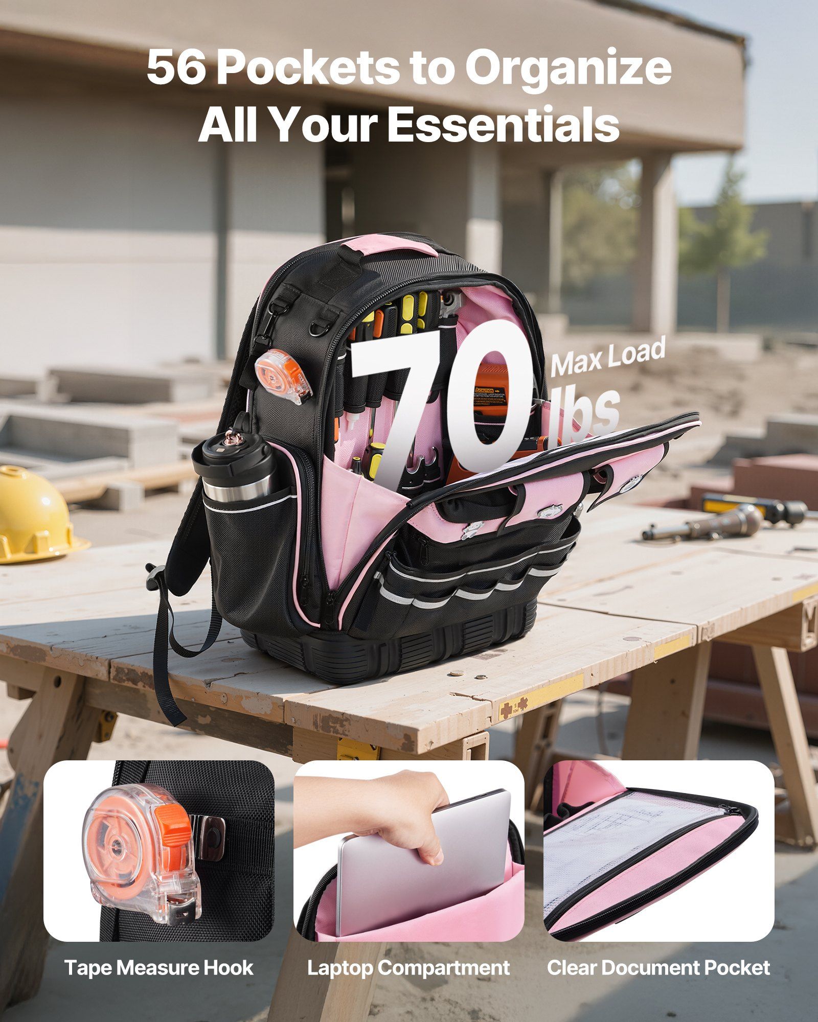 Tool Backpack, 56 Pockets, Heavy-duty Tools Storage Organizer Work Bags with Laptop Compartment & Molded Base, Electrician Jobsite Backpack for Electrician, Repairman, and HVAC Techs