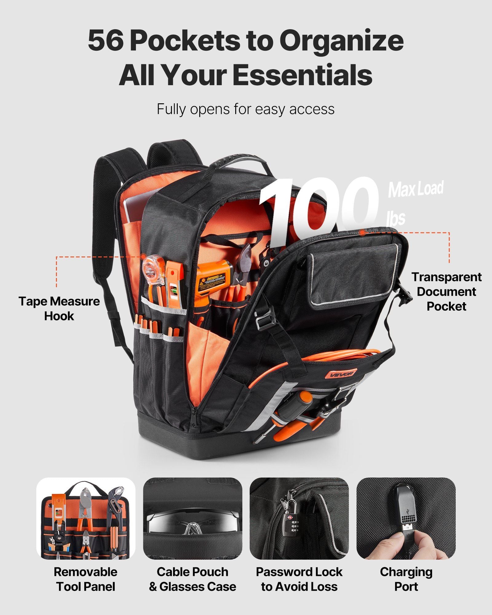 Tool Backpack, 56 Pockets, Heavy-duty Tools Storage Organizer Bags with Molded Base, Electrician Jobsite Backpack for Construction Jobsite, Electrician, Industrial, Repairman, and HVAC Techs