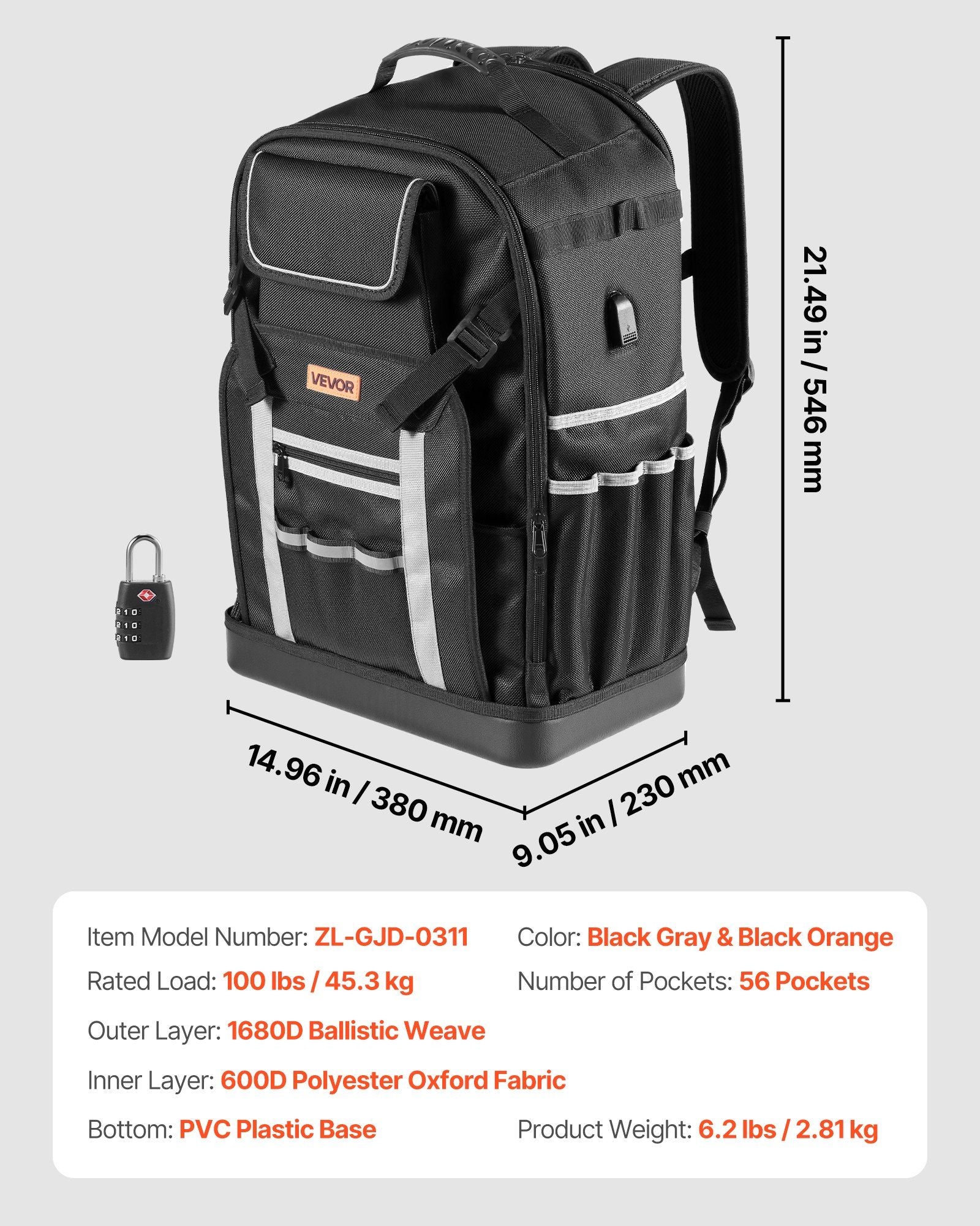 Tool Backpack, 56 Pockets, Heavy-duty Tools Storage Organizer Bags with Molded Base, Electrician Jobsite Backpack for Construction Jobsite, Electrician, Industrial, Repairman, and HVAC Techs