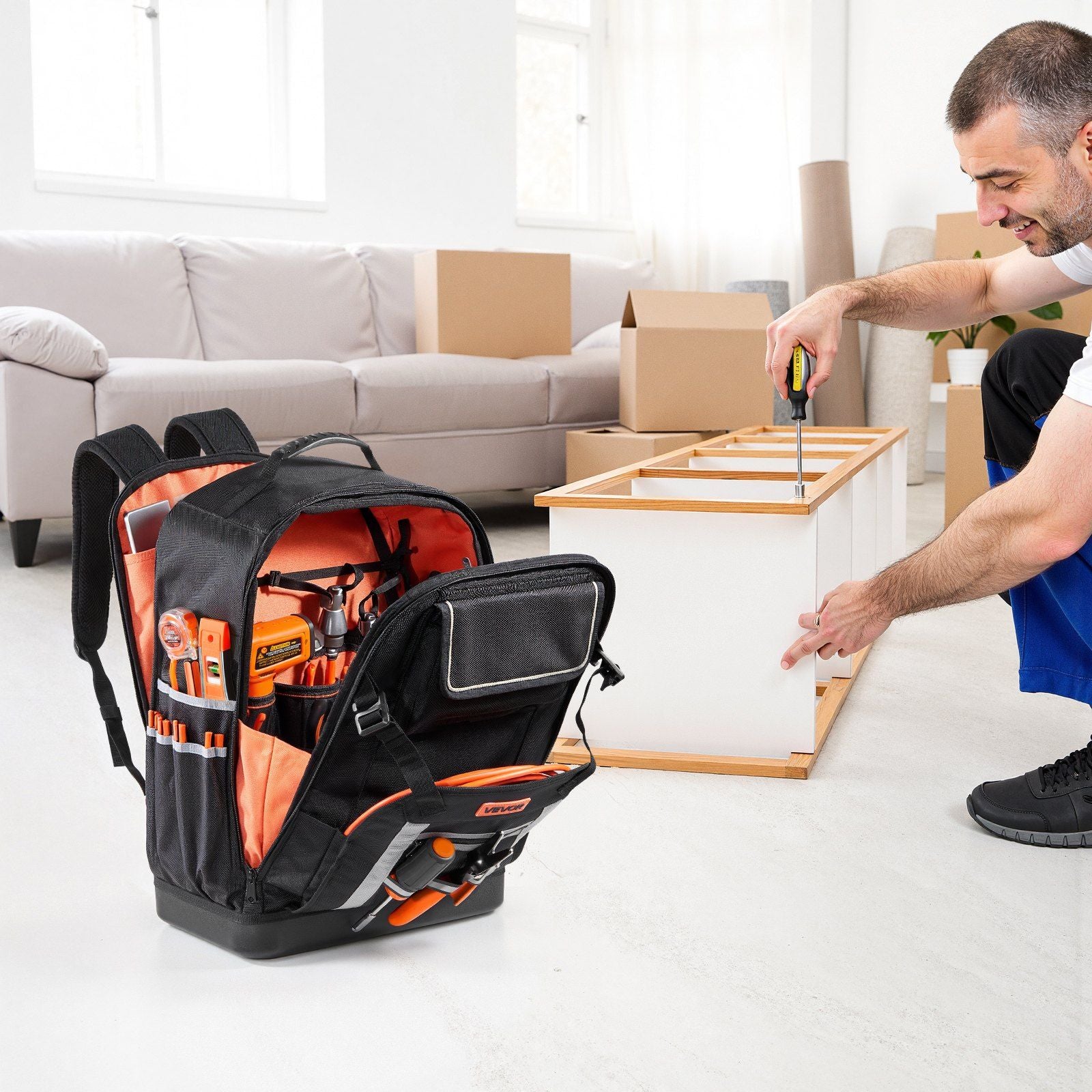 Tool Backpack, 56 Pockets, Heavy-duty Tools Storage Organizer Bags with Molded Base, Electrician Jobsite Backpack for Construction Jobsite, Electrician, Industrial, Repairman, and HVAC Techs