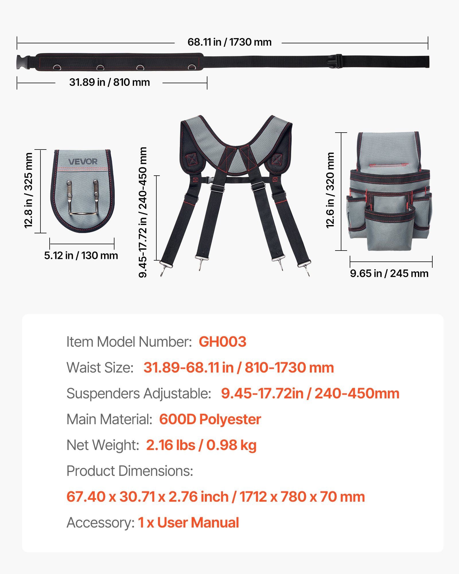 Tool Belt, 22 Pockets Tool Pouch with Suspenders for Men, Heavy Duty Adjustable Utility Belt Bag Suspenders for Electrician, Carpenter, Construction, Work Apron Organizer Waist Adjust 81-173 cm