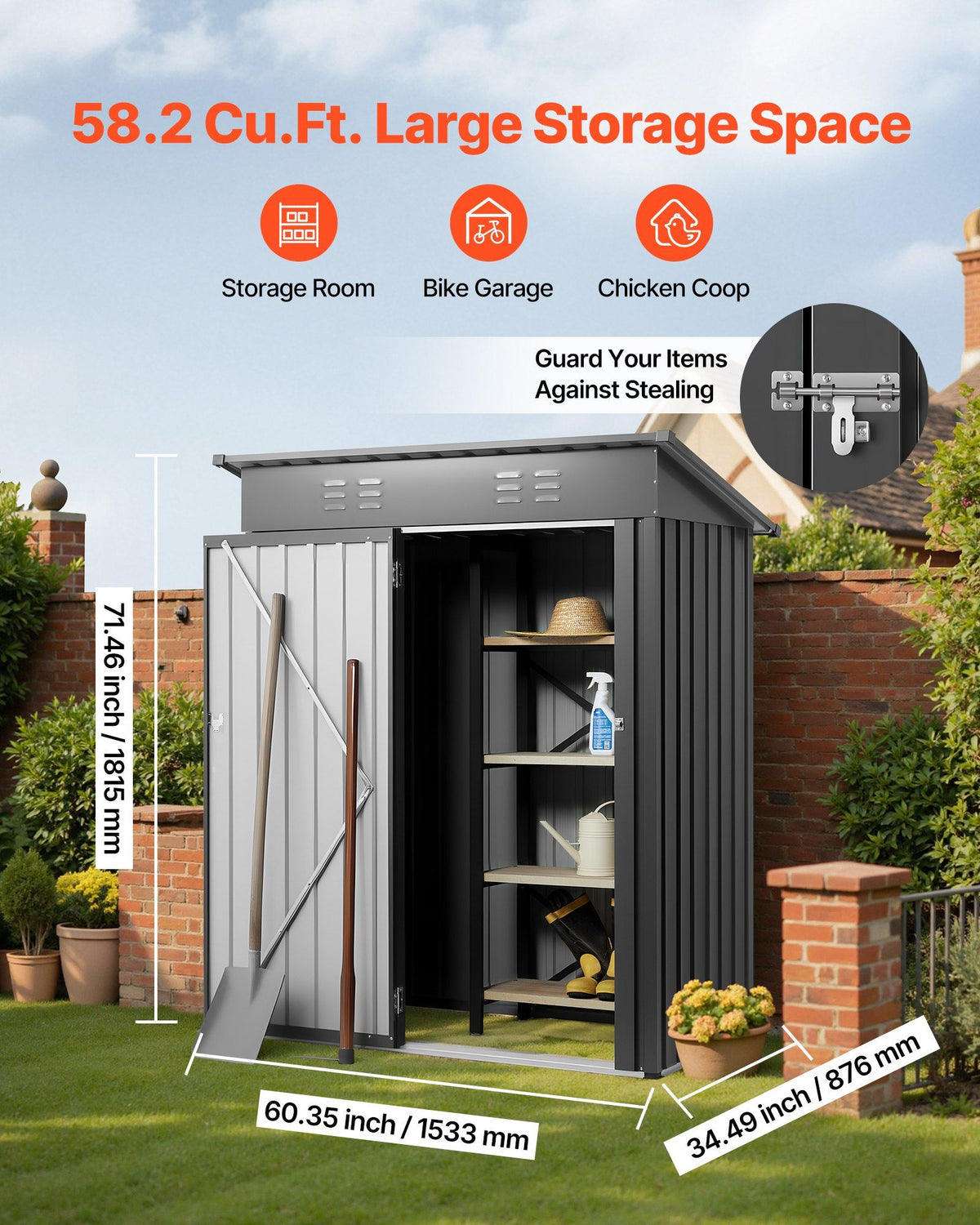 1533 x 876 x 1815 mm Metal Garden Shed, Storage Building with Lockable Door & 2 Louver Vents, Sloped Roof Metal Outdoor Storage Shed, Tool Sheds Outdoor Storage for Backyard, Garden, Patio