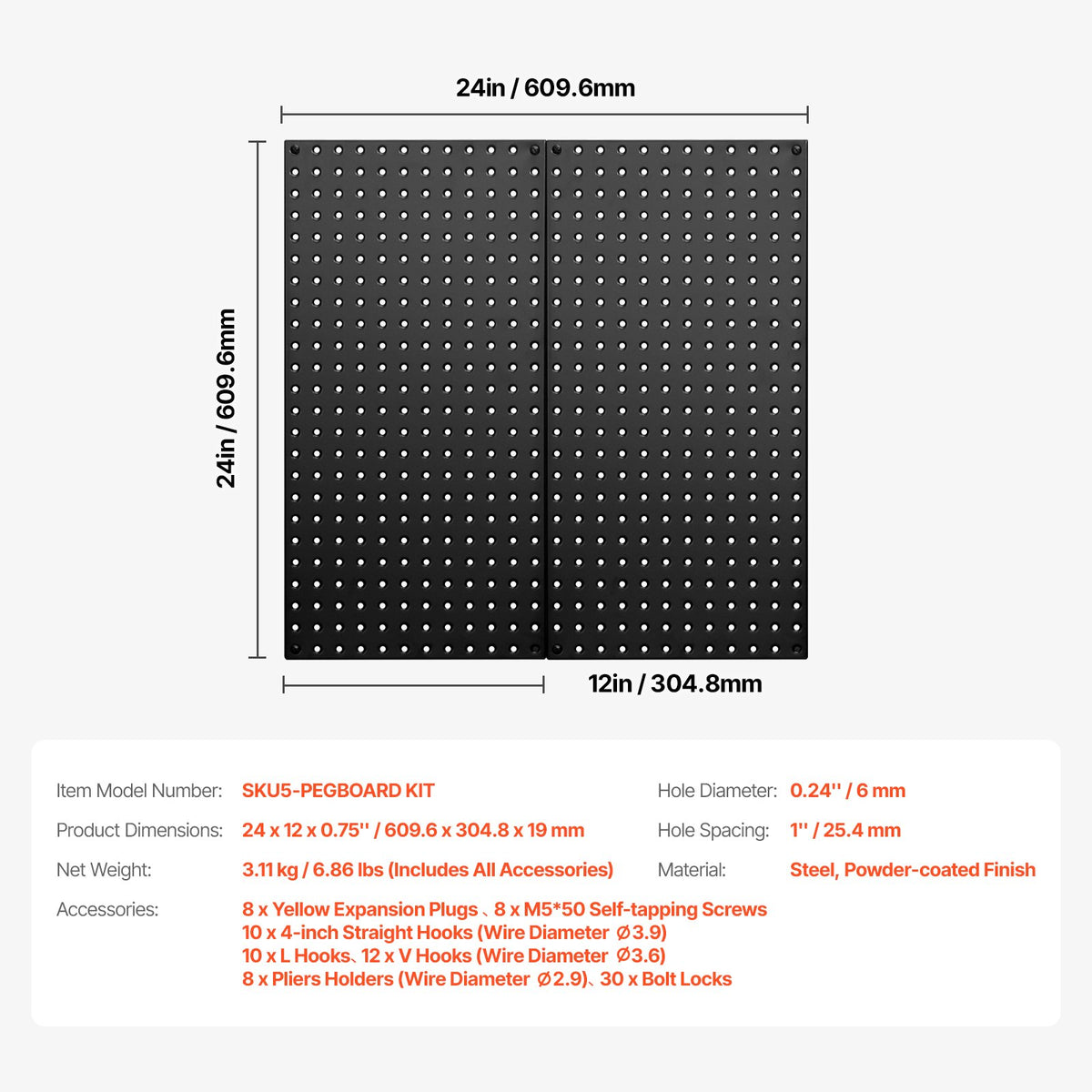VEVOR Metal Pegboard Panels609.6 x 304.8 mm2 Panels Wall Organizer for Home
