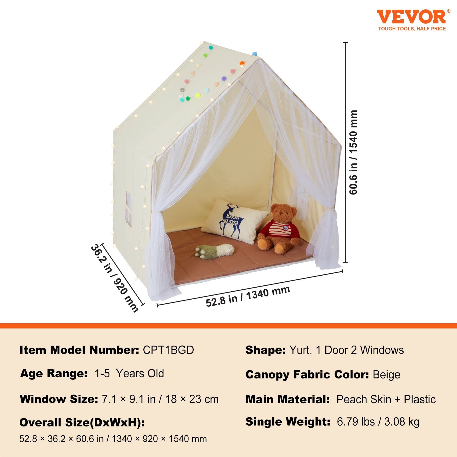 VEVOR Kids Play Tent, Kids Tent for Kids 1-5 Years Old, Toddler Tent with Mat and Tent Lamp, Tent for Kids with Windows for Indoor and Outdoor, Yurt Tent for Boys and Girls, Beige