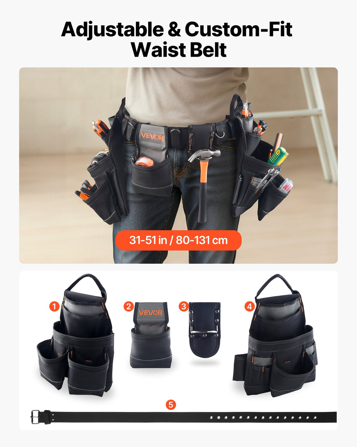VEVOR Tool Belt, 18 Pockets Professional Tool Pouch for Men, Heavy Duty Adjustable Utility Belt Detachable Work Bag for Electrician, Carpenter, Construction, Work Apron Organizer, Adjusts 80-131 cm