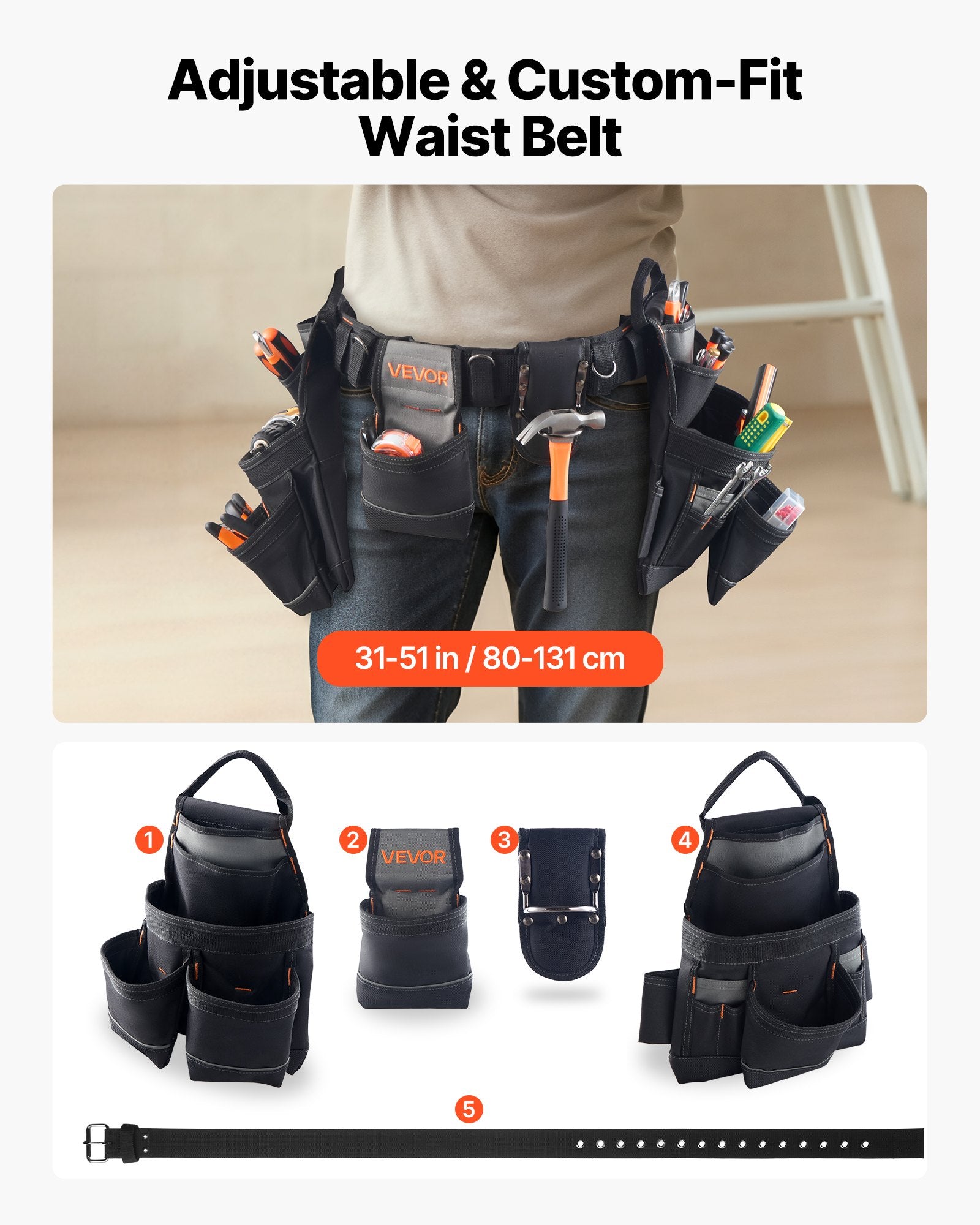 VEVOR Tool Belt, 18 Pockets Professional Tool Pouch for Men, Heavy Duty Adjustable Utility Belt Detachable Work Bag for Electrician, Carpenter, Construction, Work Apron Organizer, Adjusts 80-131 cm