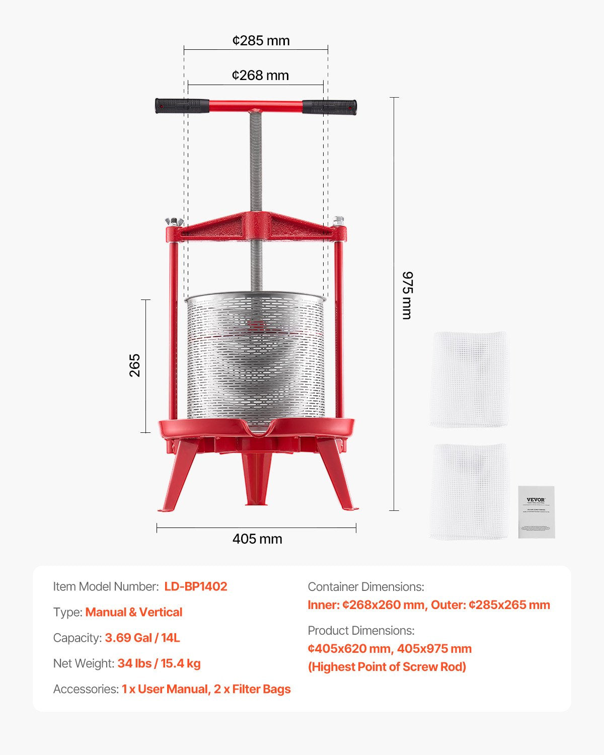 VEVOR 3.69 Gal/14L Fruit Wine Press, Stainless Steel Basket with Cross-beam and Triangular Structure, Manual Juice Maker, Cider Apple Grape Tincture Making Press with T-Handle for Kitchen Home