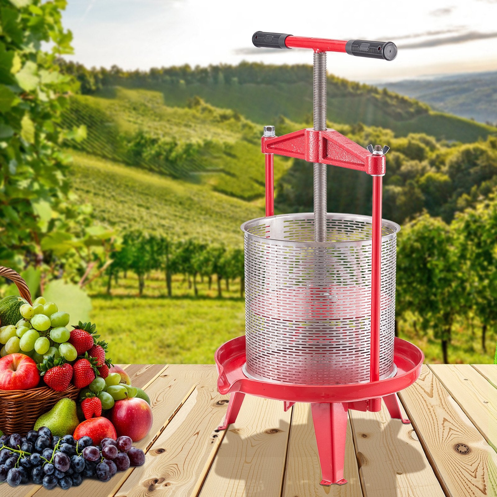 VEVOR 3.69 Gal/14L Fruit Wine Press, Stainless Steel Basket with Cross-beam and Triangular Structure, Manual Juice Maker, Cider Apple Grape Tincture Making Press with T-Handle for Kitchen Home