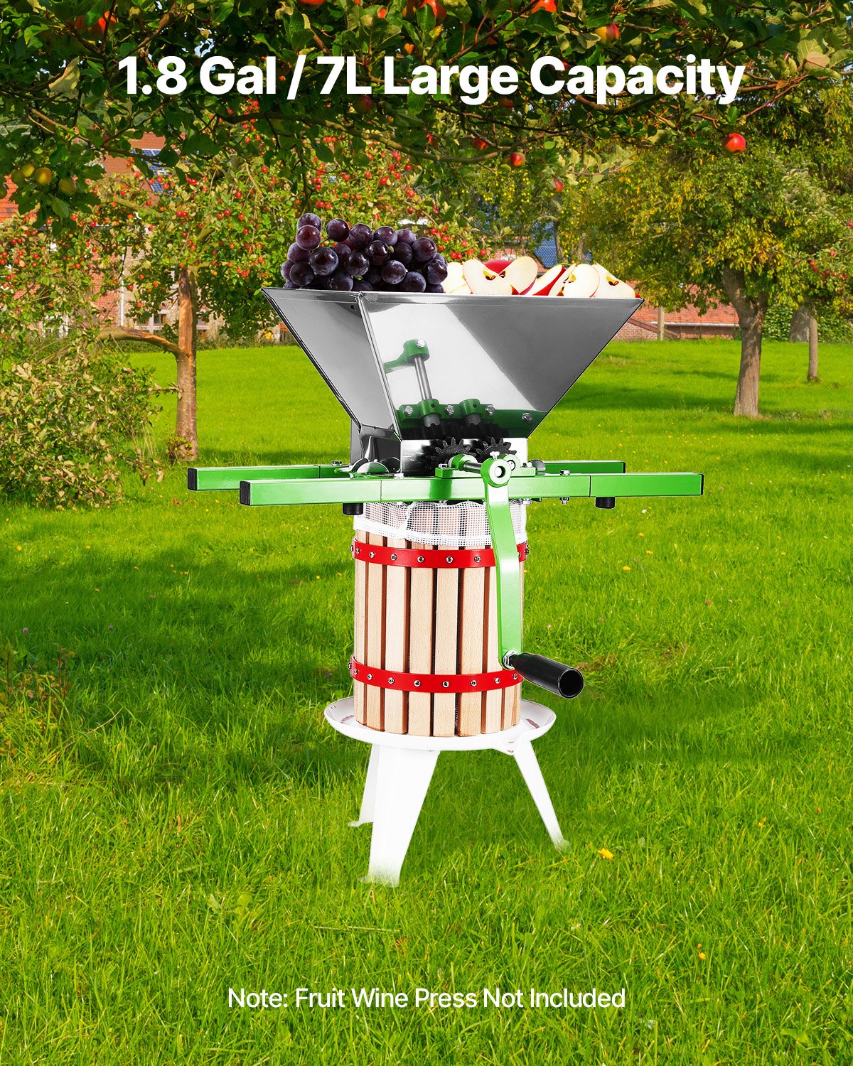 VEVOR 1.8 Gal/7L Fruit and Apple Crusher, Large Manual Grinder, Stainless Steel Fruit Scratter Pulper for Wine Cider Apple Grape Pressing, with Roller Handle for Kitchen Home, Green