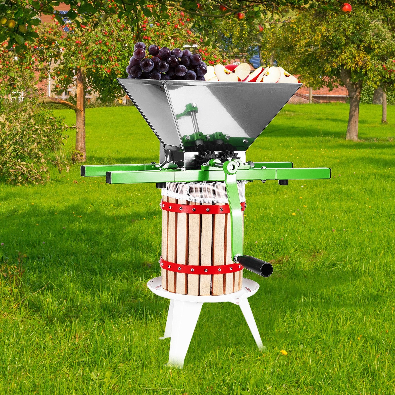 VEVOR 1.8 Gal/7L Fruit and Apple Crusher, Large Manual Grinder, Stainless Steel Fruit Scratter Pulper for Wine Cider Apple Grape Pressing, with Roller Handle for Kitchen Home, Green