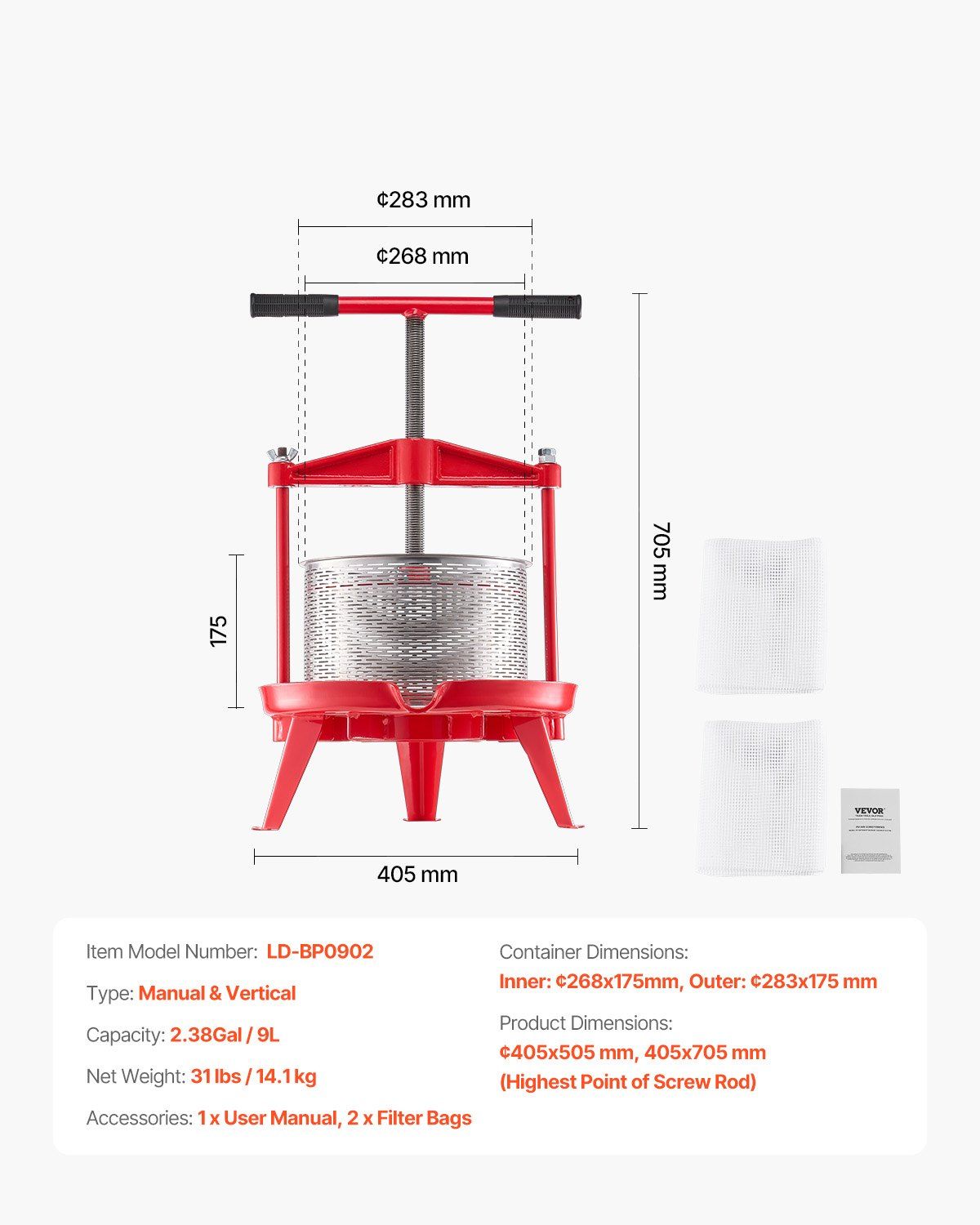 2.38 Gal/9L Fruit Wine Press, Stainless Steel Basket with Cross-beam and Triangular Structure, Manual Juice Maker, Cider Apple Grape Tincture Making Press with T-Handle for Kitchen Home