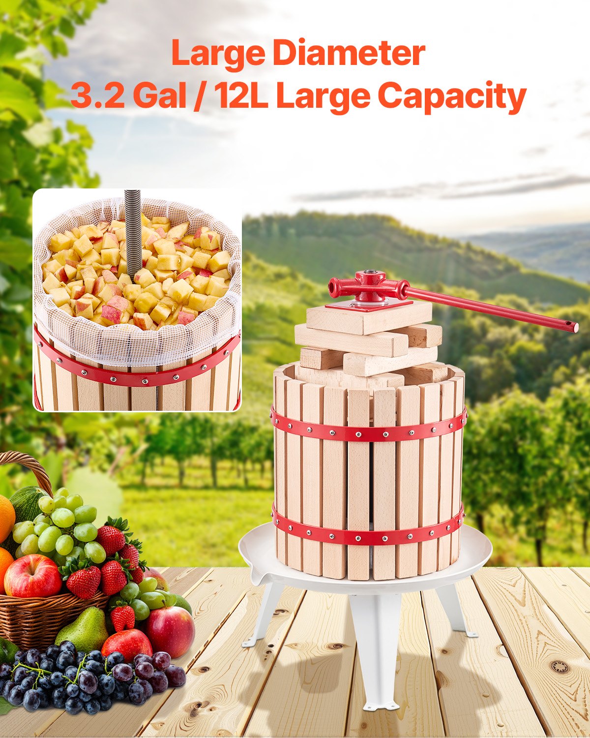 VEVOR Fruit Wine Press Manual Press for Wine Making 3.2 Gal/12L Wood Basket