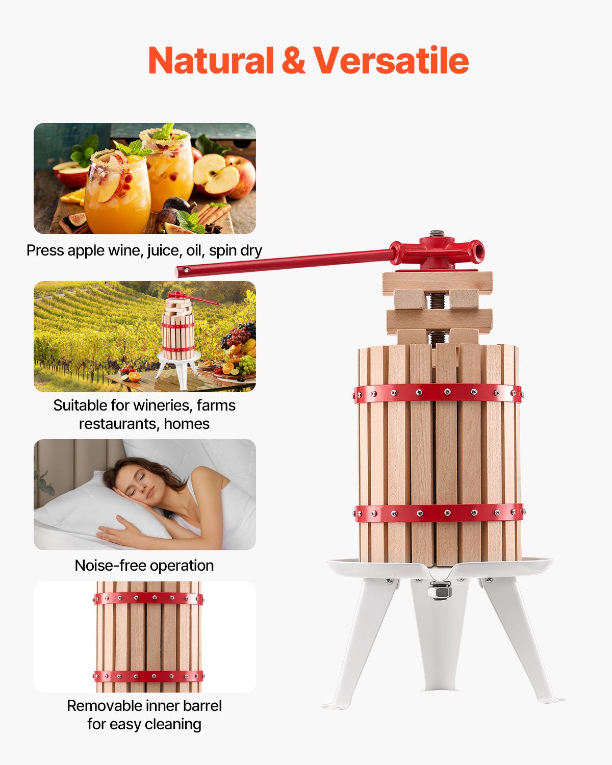 VEVOR 1.6 Gal/6L Fruit Wine Press, Solid Wood Basket with 8 Blocks, Heavy Duty Manual Juice Maker, Cider Apple Grape Tincture Honey Olive Oil Making Press with Handle for Kitchen, Home