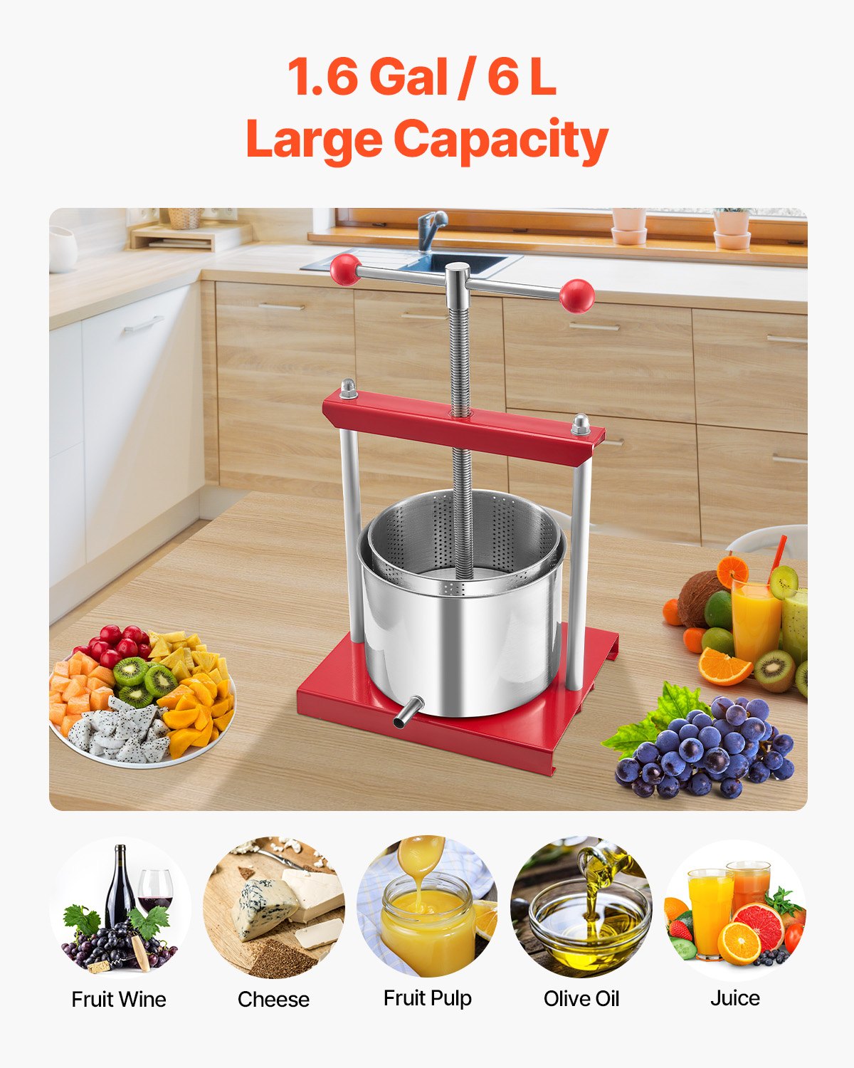 VEVOR Fruit Wine Press Manual Press for Wine Making 1.6 Gal/6L Stainless Steel