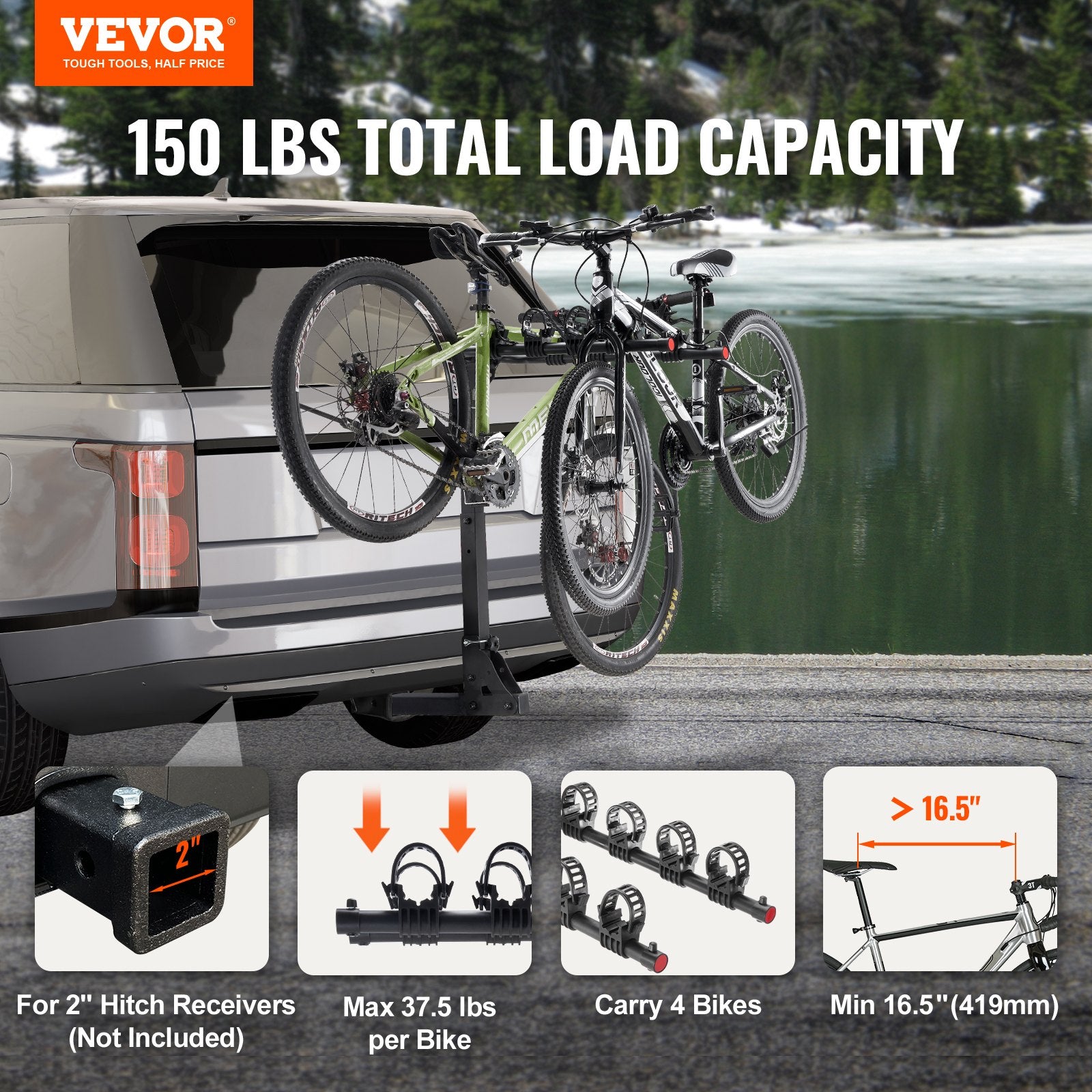VEVOR 4 Bike Rack Hitch Mount Folding Swing Down Bicycle Carrier Car Truck SUV 150 lbs
