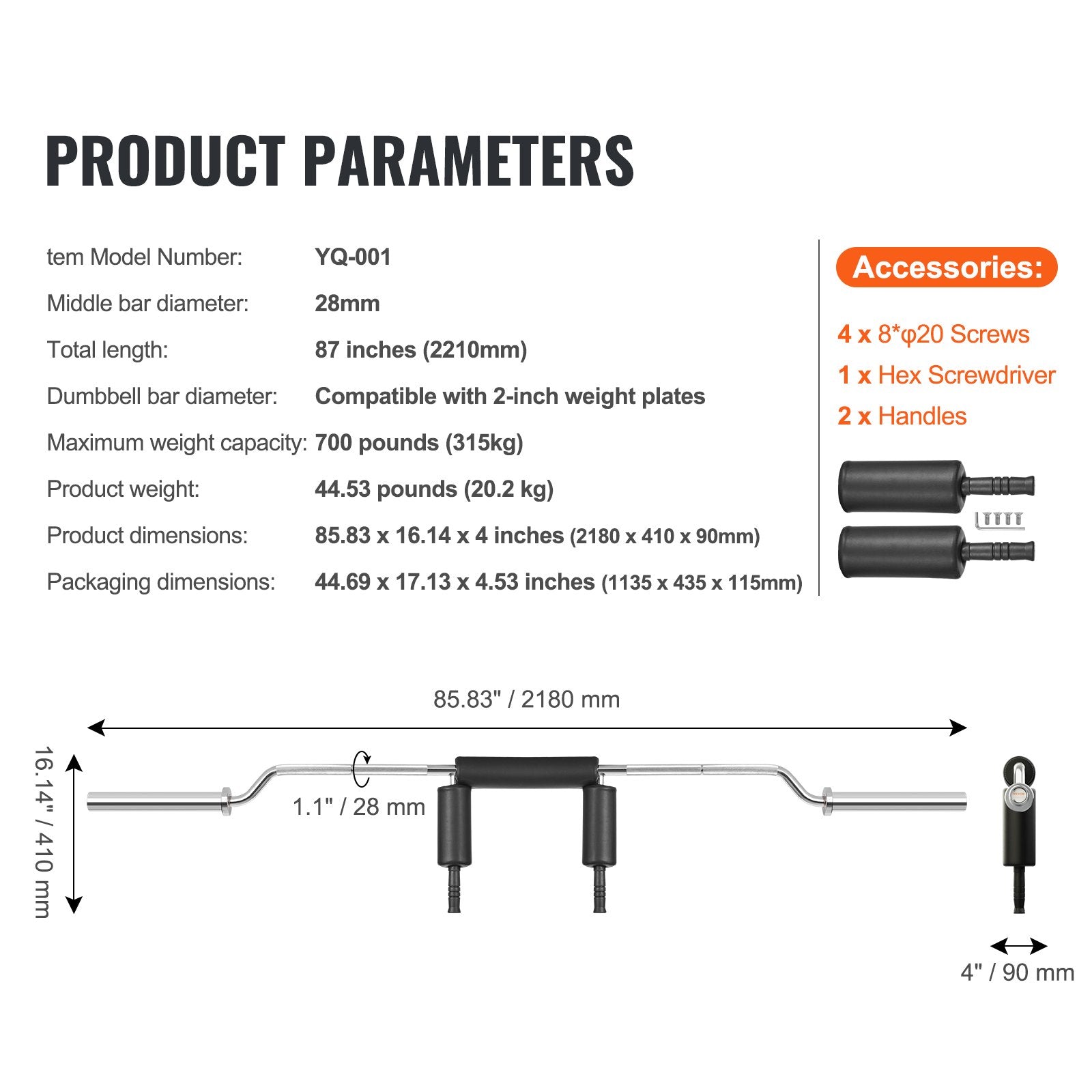 VEVOR Safety Squat Bar, 318kg Fitness Squat  Bar, Safety Squat Bar Attachment with Shoulder and Arm Pads, 28mm Diameter Weight Bar, Ideal for Front Squats, Lunges, Rehab, Physical Therapy