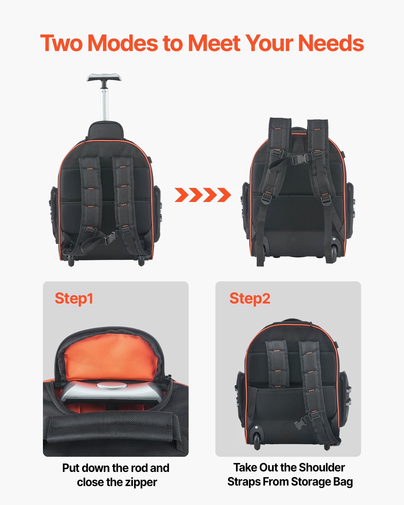 VEVOR Rolling Tool Backpack, 110 lbs Load Capacity, 45 Pockets Heavy Duty Roller Tool Bag on Wheels, Adjustable Telescoping Handle & Stable Base, Toolbag Organizers for Construction, Mechanic