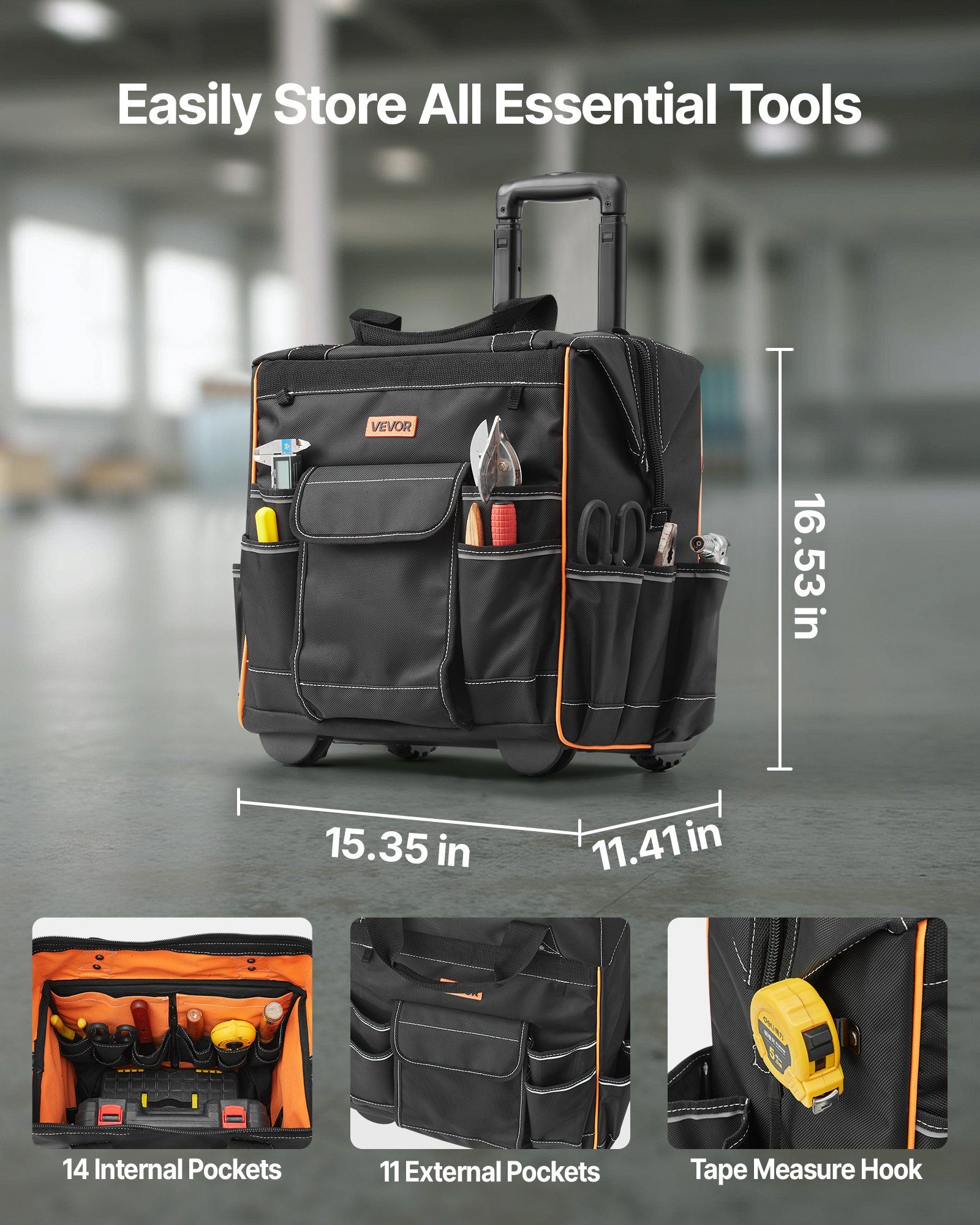 Rolling Tool Bag, 110 lbs Load Capacity, 25 Pockets Heavy Duty Roller Tool Bag on Wheels, Adjustable Telescoping Handle & Stable Base, Toolbag Organizers with Wheels for Construction, Mechanic