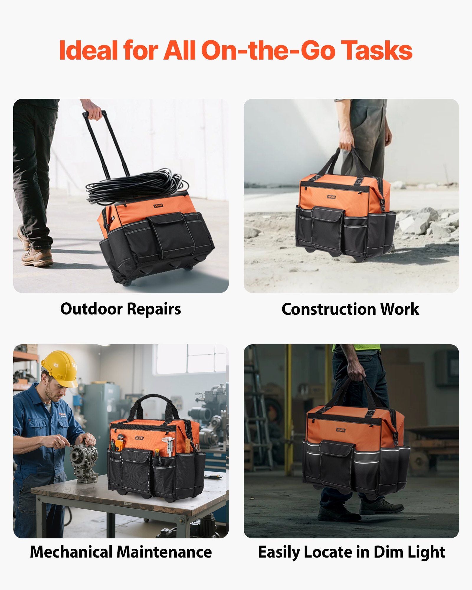 Rolling Tool Bag, 110 lbs Load Capacity, 27 Pockets Heavy Duty Roller Tool Bag on Wheels, Adjustable Telescoping Handle & Stable Base, Toolbag Organizers with Wheels for Construction, Mechanic