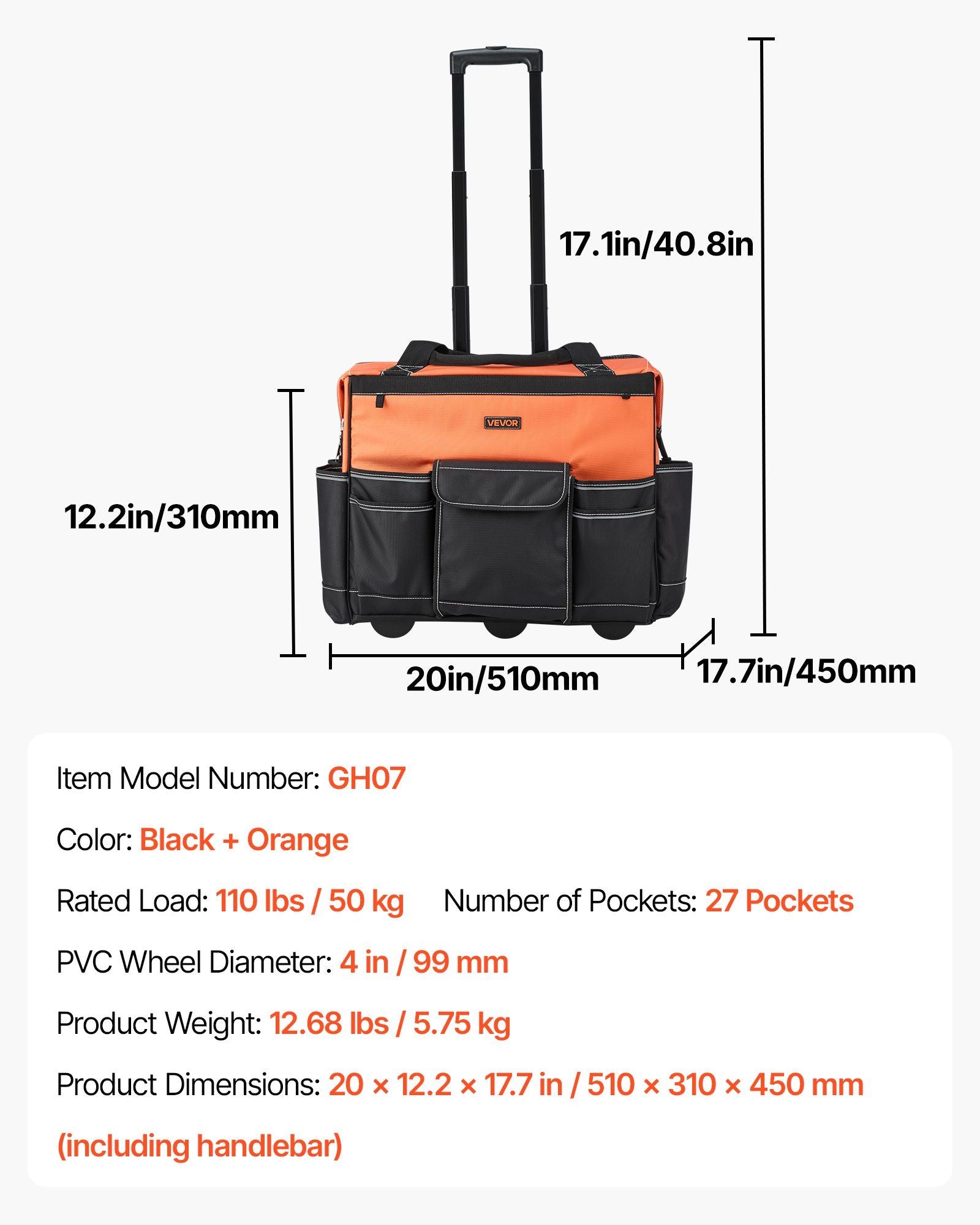 Rolling Tool Bag, 110 lbs Load Capacity, 27 Pockets Heavy Duty Roller Tool Bag on Wheels, Adjustable Telescoping Handle & Stable Base, Toolbag Organizers with Wheels for Construction, Mechanic
