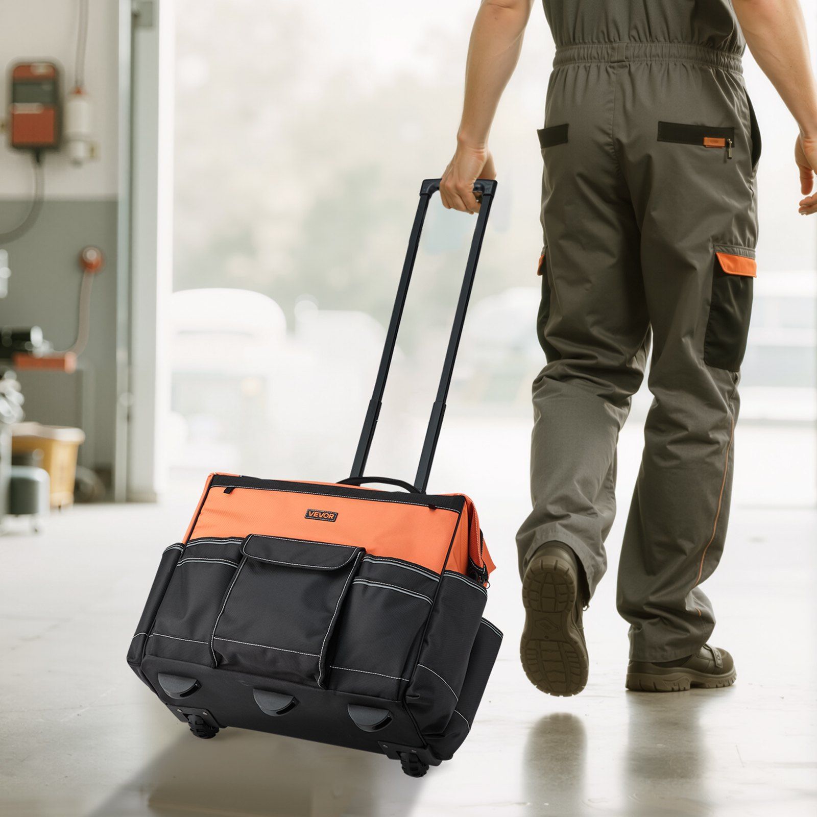 Rolling Tool Bag, 110 lbs Load Capacity, 27 Pockets Heavy Duty Roller Tool Bag on Wheels, Adjustable Telescoping Handle & Stable Base, Toolbag Organizers with Wheels for Construction, Mechanic