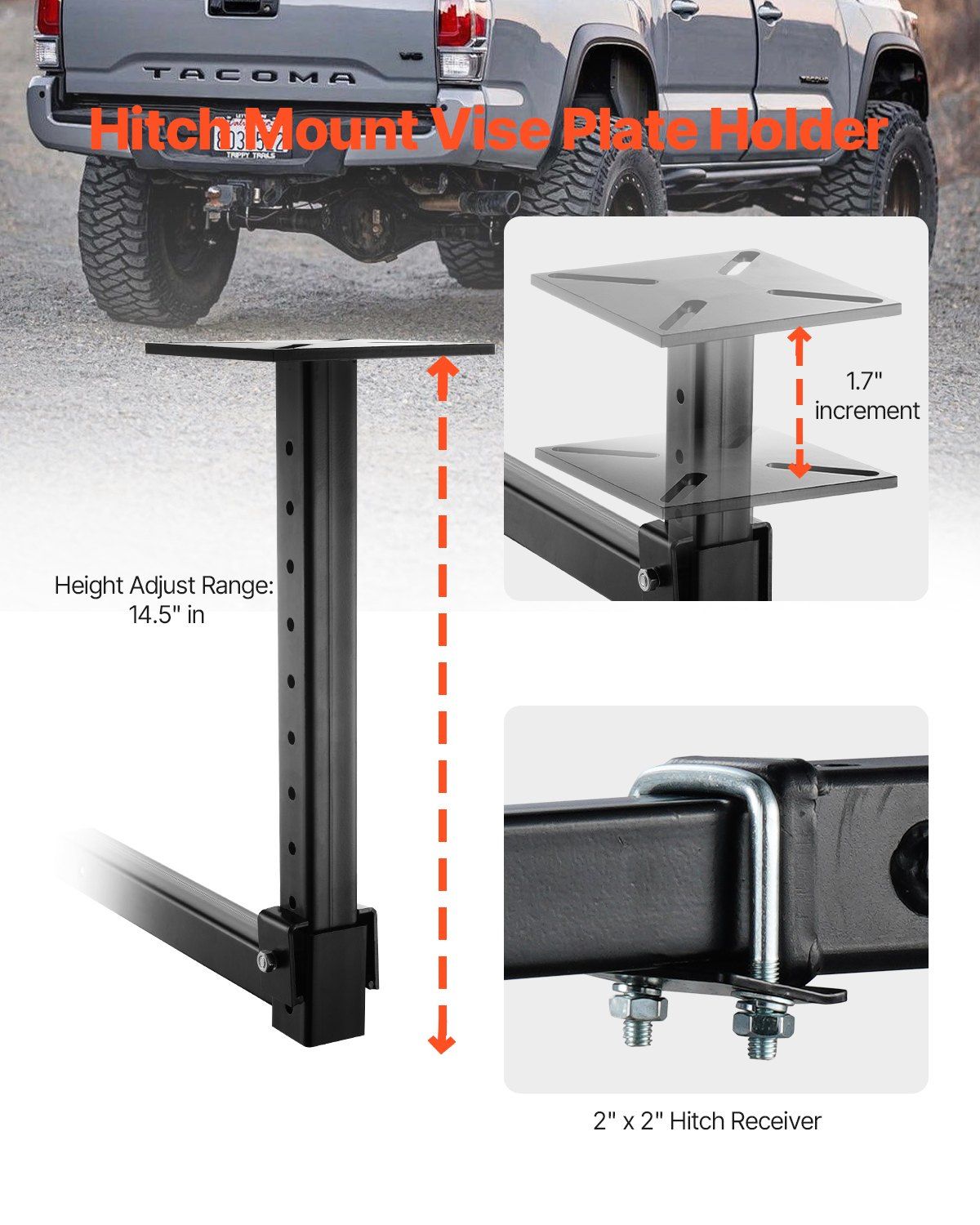 Heavy-Duty Pipe Chain Vise, 1/8" - 5" Pipe Capacity, 26" Rugged Chain & Cast Iron Base, Hitch Mount Vise Plate Holder With Adjustable Height - Fits 2 inch x 2 inch Receiver