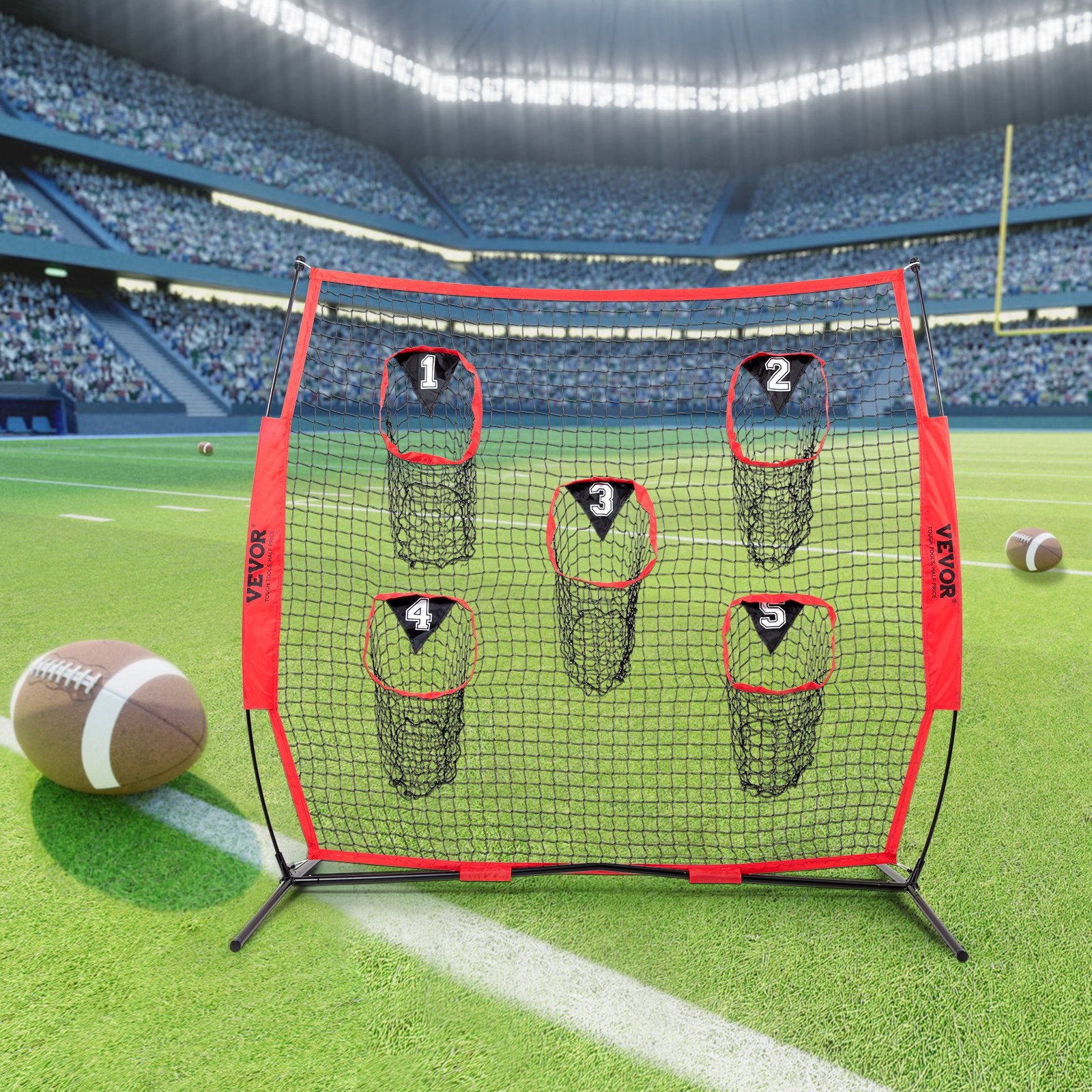 VEVOR 6 x 6 ft Football Trainer Throwing Net, Training Throwing Target Practice Net with 5 Target Pockets, Knotless Net Includes Bow Frame and Portable Carry Case, Improve QB Throwing Accuracy, Red