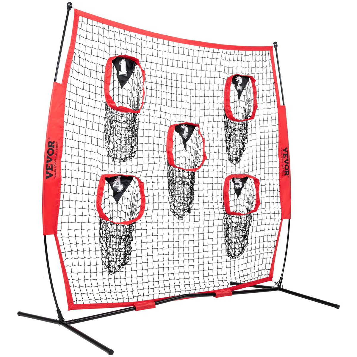 VEVOR 6 x 6 ft Football Trainer Throwing Net, Training Throwing Target Practice Net with 5 Target Pockets, Knotless Net Includes Bow Frame and Portable Carry Case, Improve QB Throwing Accuracy, Red