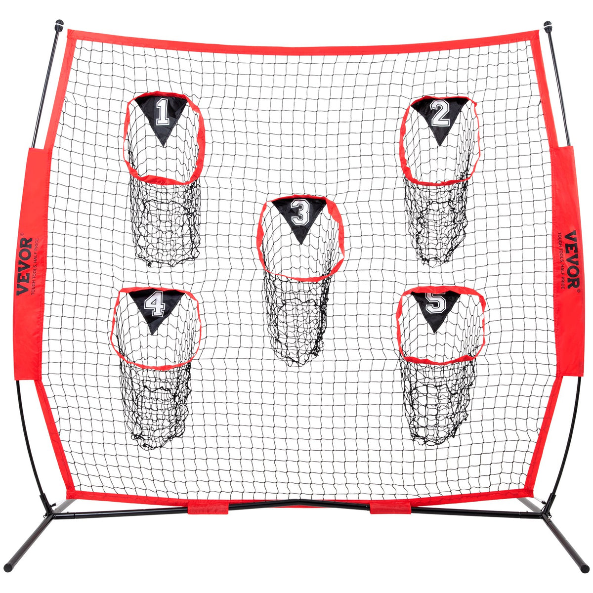 VEVOR 6 x 6 ft Football Trainer Throwing Net, Training Throwing Target Practice Net with 5 Target Pockets, Knotless Net Includes Bow Frame and Portable Carry Case, Improve QB Throwing Accuracy, Red
