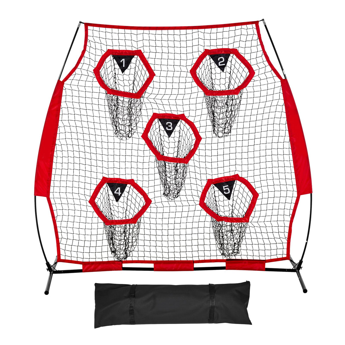 VEVOR 1828.8x1828.8mm Football Trainer Throwing Net, Training Throwing Target Practice Net with 5 Target Pockets, Knotless Net Includes Straps and Portable Carry Case, Improve QB Throwing Accuracy,Red