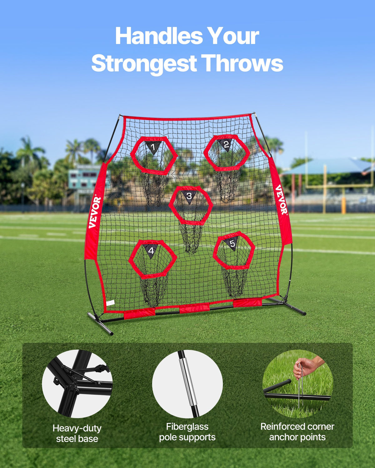 VEVOR 1828.8x1828.8mm Football Trainer Throwing Net, Training Throwing Target Practice Net with 5 Target Pockets, Knotless Net Includes Straps and Portable Carry Case, Improve QB Throwing Accuracy,Red