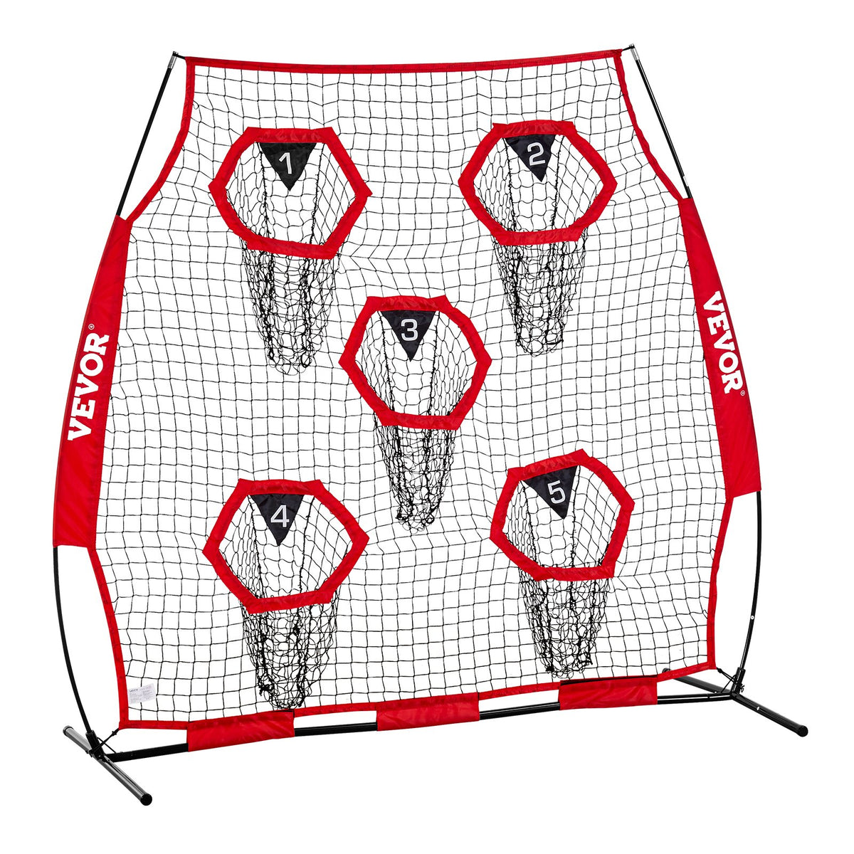 VEVOR 1828.8x1828.8mm Football Trainer Throwing Net, Training Throwing Target Practice Net with 5 Target Pockets, Knotless Net Includes Straps and Portable Carry Case, Improve QB Throwing Accuracy,Red