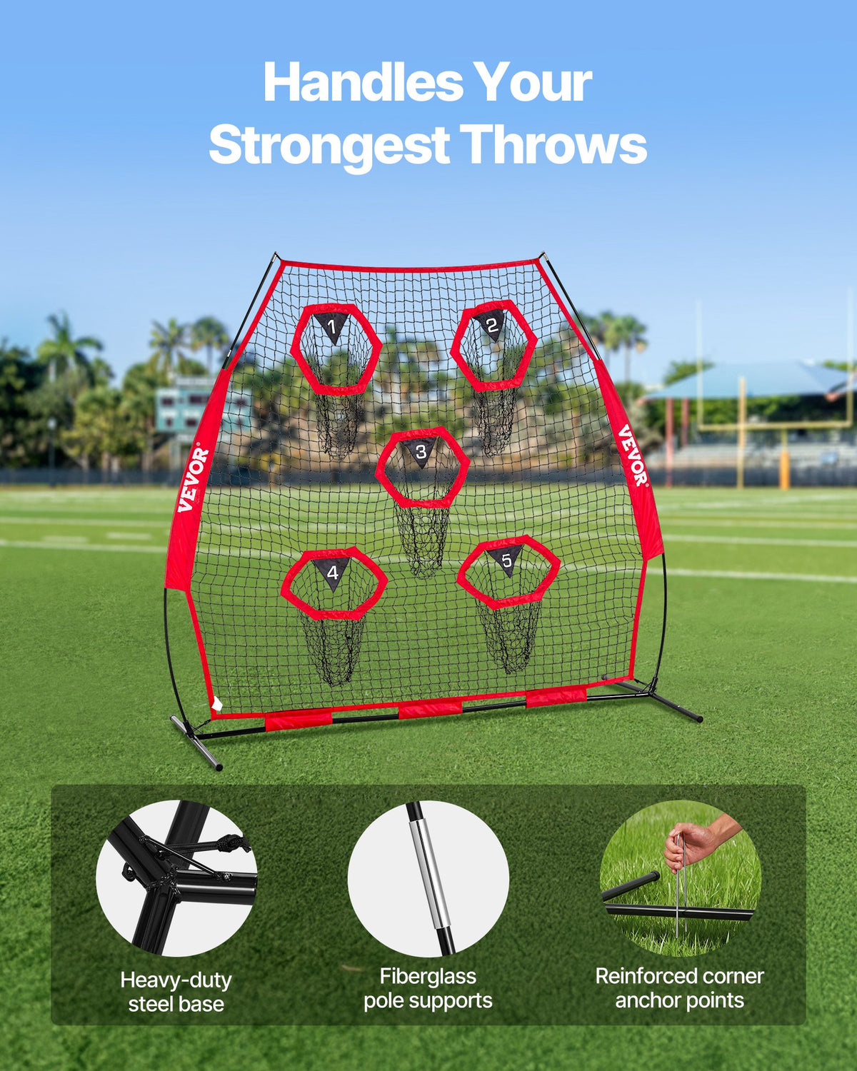 VEVOR 2133.6 x 2133.6mm Football Trainer Throwing Net, Training Throwing Target Practice Net with 5 Target Pockets, Knotless Net Includes Straps and Portable Carry Case, Improve QB Throwing Accuracy