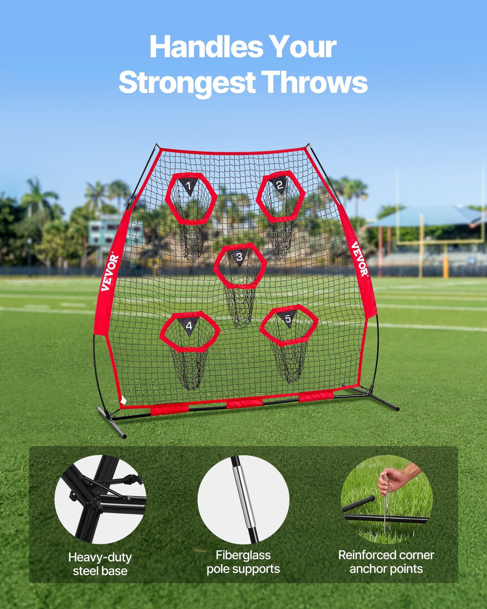 VEVOR 2133.6 x 2133.6mm Football Trainer Throwing Net, Training Throwing Target Practice Net with 5 Target Pockets, Knotless Net Includes Straps and Portable Carry Case, Improve QB Throwing Accuracy