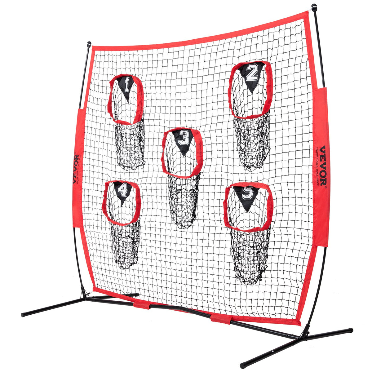 VEVOR 8 x 8 ft Football Trainer Throwing Net, Training Throwing Target Practice Net with 5 Target Pockets, Knotless Net Includes Bow Frame and Portable Carry Case, Improve QB Throwing Accuracy, Red