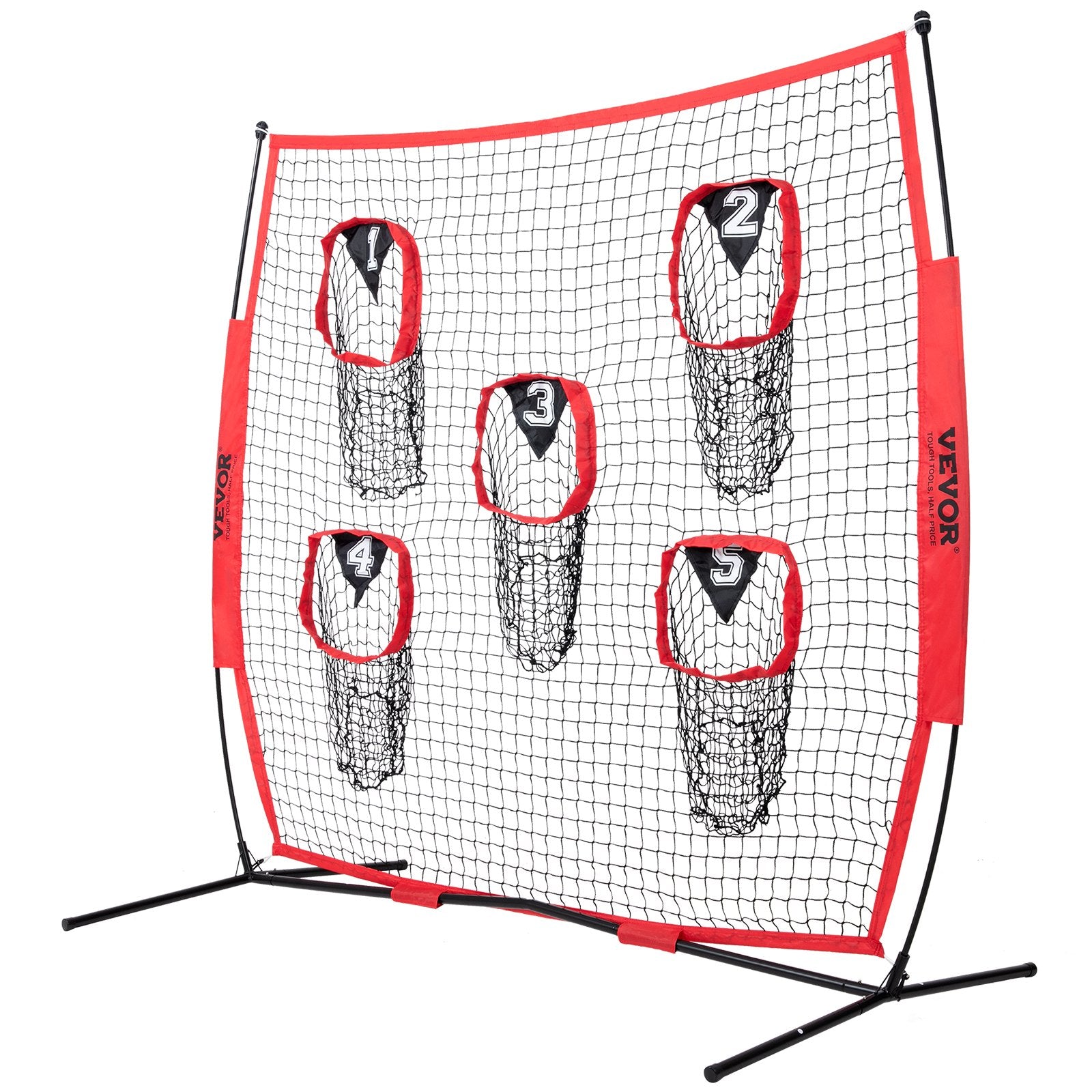 VEVOR 8 x 8 ft Football Trainer Throwing Net, Training Throwing Target Practice Net with 5 Target Pockets, Knotless Net Includes Bow Frame and Portable Carry Case, Improve QB Throwing Accuracy, Red