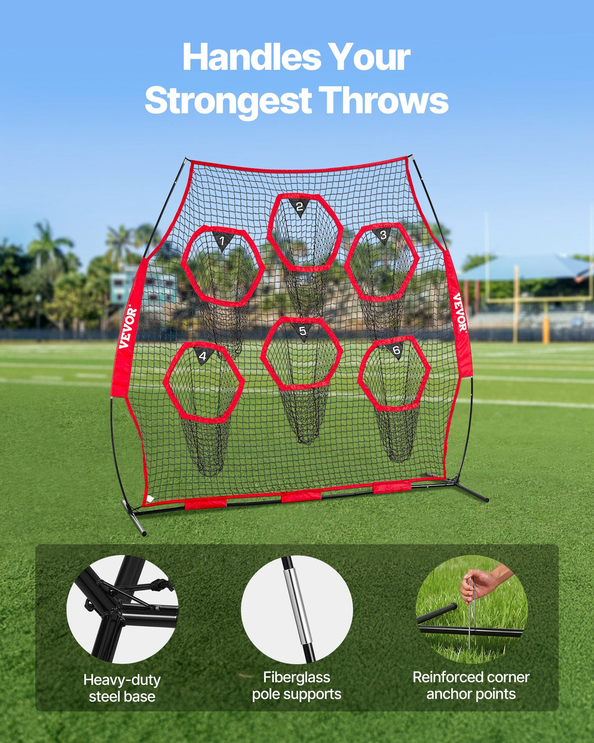 VEVOR 2438.4x2438.4mm Football Trainer Throwing Net, Training Throwing Target Practice Net with 6 Target Pockets, Knotless Net Includes Straps and Portable Carry Case, Improve QB Throwing Accuracy,Red