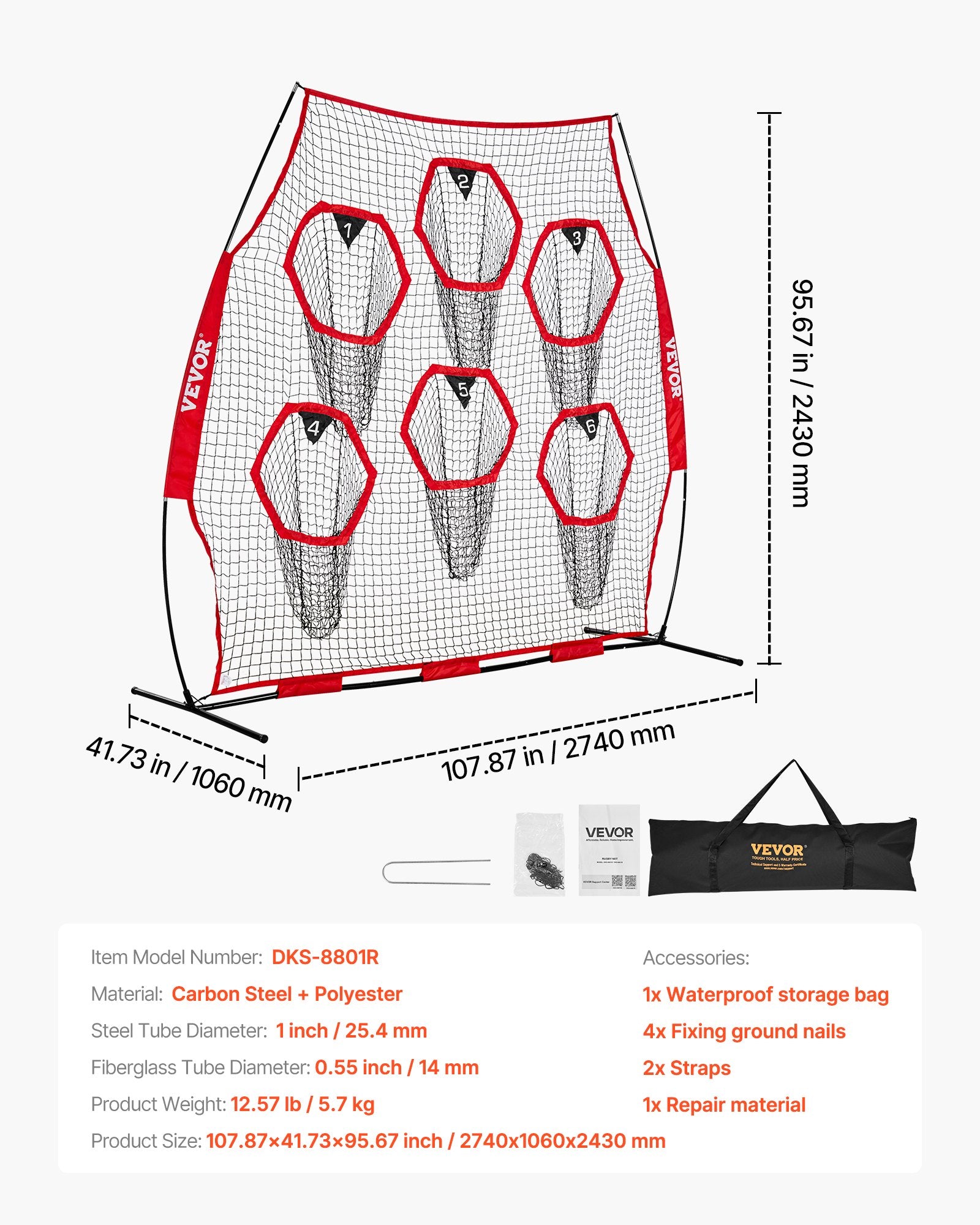 VEVOR 2438.4x2438.4mm Football Trainer Throwing Net, Training Throwing Target Practice Net with 6 Target Pockets, Knotless Net Includes Straps and Portable Carry Case, Improve QB Throwing Accuracy,Red