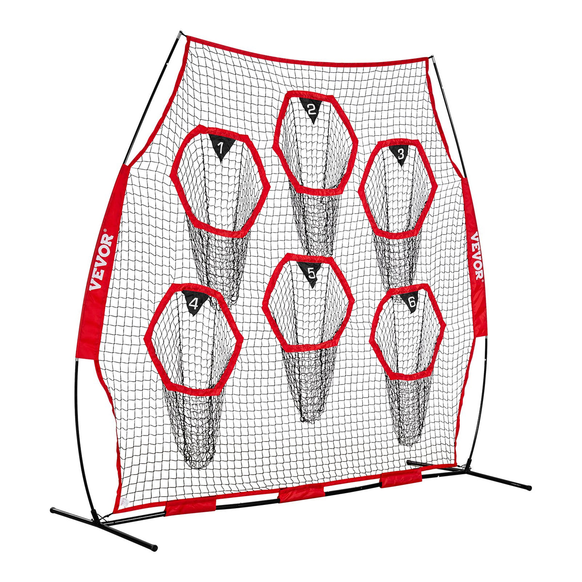 VEVOR 2438.4x2438.4mm Football Trainer Throwing Net, Training Throwing Target Practice Net with 6 Target Pockets, Knotless Net Includes Straps and Portable Carry Case, Improve QB Throwing Accuracy,Red