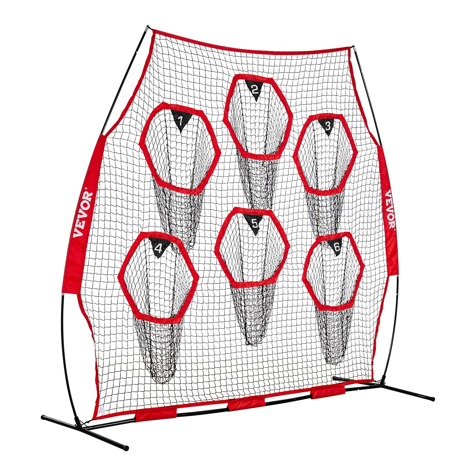 VEVOR 2438.4x2438.4mm Football Trainer Throwing Net, Training Throwing Target Practice Net with 6 Target Pockets, Knotless Net Includes Straps and Portable Carry Case, Improve QB Throwing Accuracy,Red
