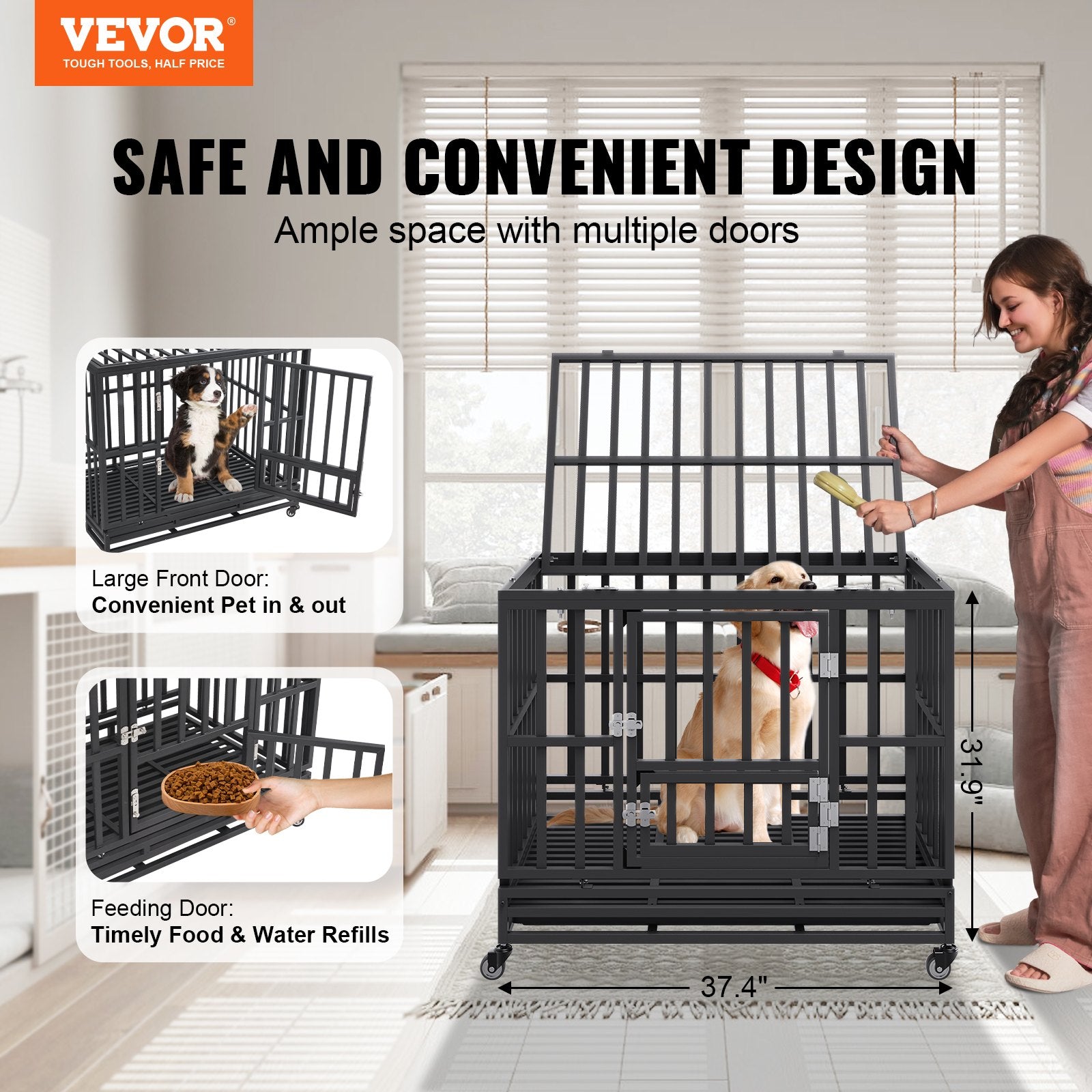 VEVOR Heavy Duty Dog Crate 38 in Metal Dog Kennel with Wheels and Removable Tray