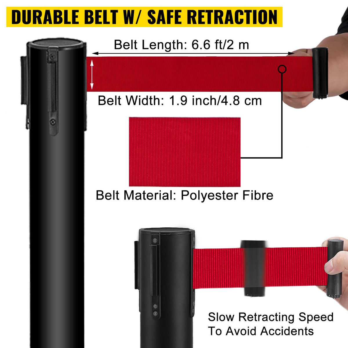 VEVOR Stanchion Post Barriers 4-Set Line Dividers, Stainless Steel Stanchions with 6.6 Black Retractable Belts, Stanchions with One Sign Frame, 34.6 Queue Safety Stanchions (Balck)