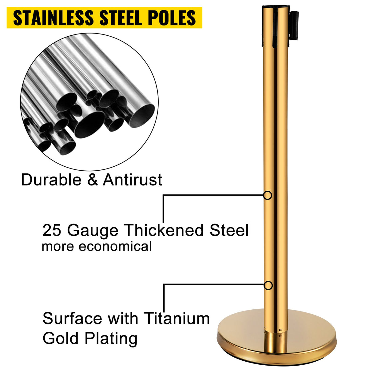 VEVOR Stanchion Post Barriers 6-Set Line Dividers, Stainless Steel Stanchions with 6.6 Red Retractable Belts, Stanchions with One Sign Frame, 34.6 Queue Safety Stanchions (Gold)