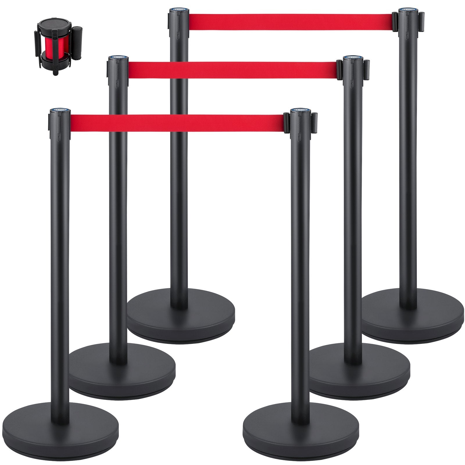 VEVOR Crowd Control Stanchion, Set of 6 Pieces Stanchion Set, Stanchion Set with 6.6 ft/2 m Red Retractable Belt, Crowd Control Barrier with Rubber Base – Easy Connect Assembly for Crowd Control (Black)