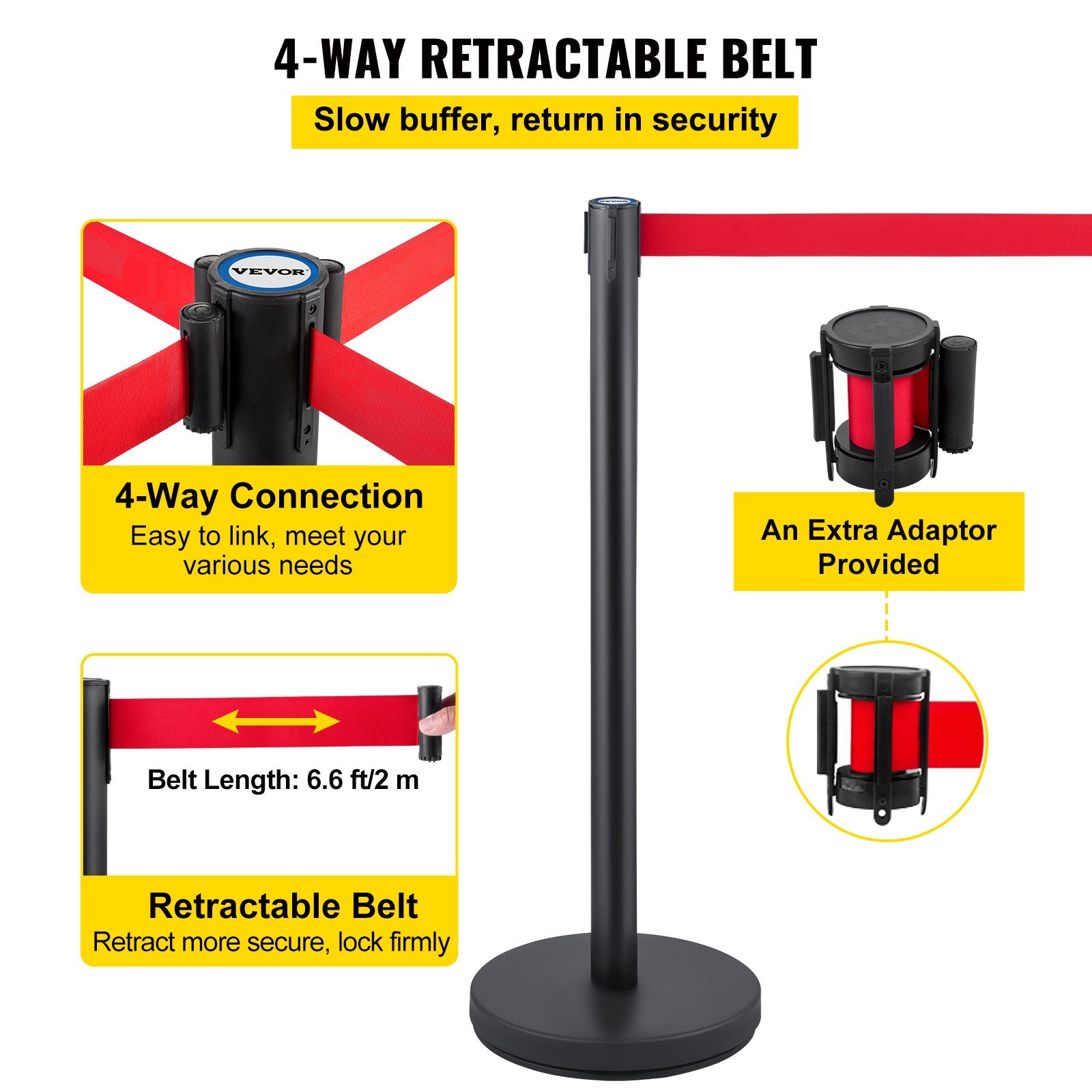 VEVOR Crowd Control Stanchion, Set of 6 Pieces Stanchion Set, Stanchion Set with 6.6 ft/2 m Red Retractable Belt, Crowd Control Barrier with Rubber Base – Easy Connect Assembly for Crowd Control (Black)