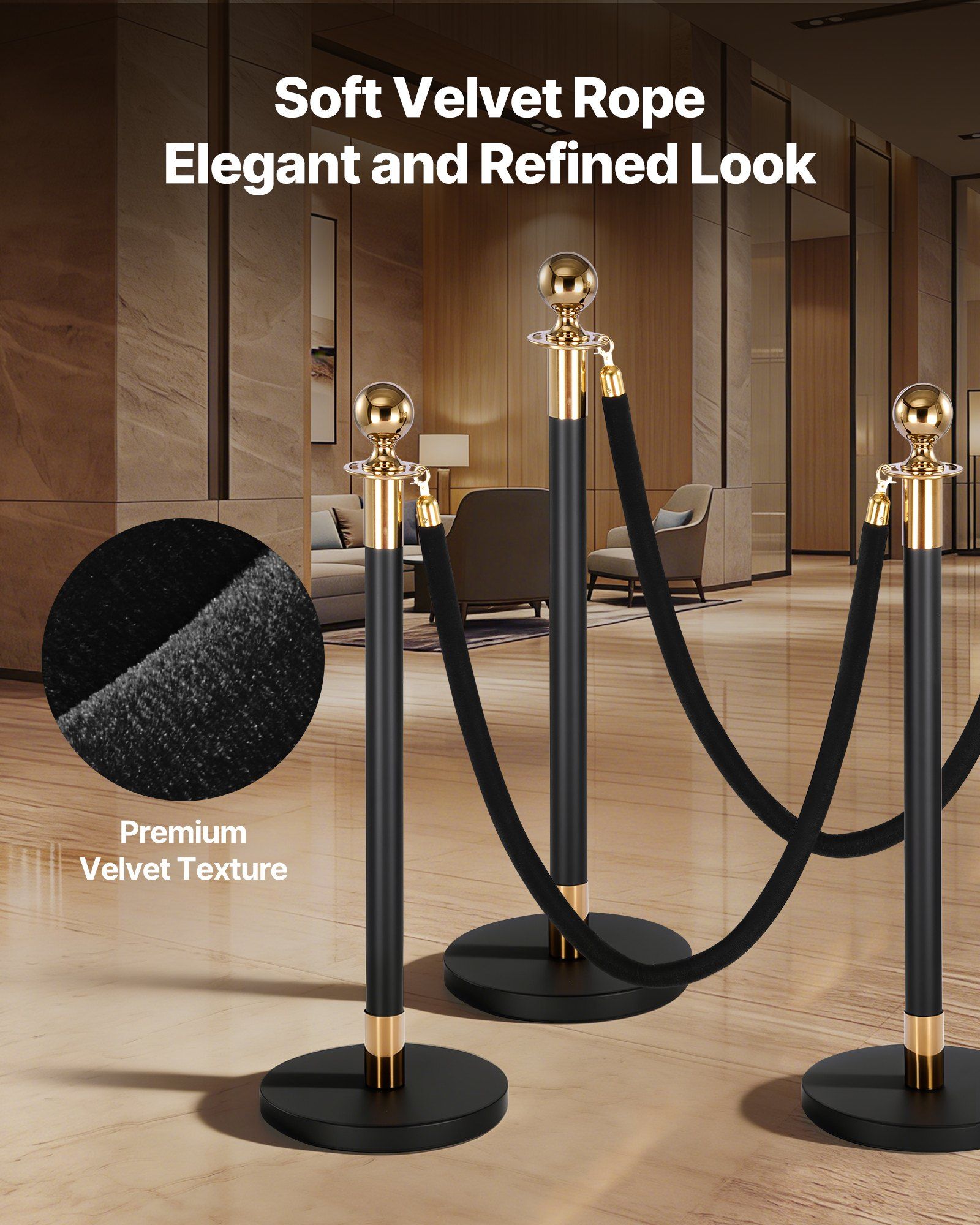 2 Pcs Black Velvet Stanchion Ropes, 1.5 m Crowd Control Stanchion Black Velvet Ropes with Gold Hooks, Post Queue Barrier Carpet Rope for Carpet Events Movie Theaters Grand Openings Hotels Party