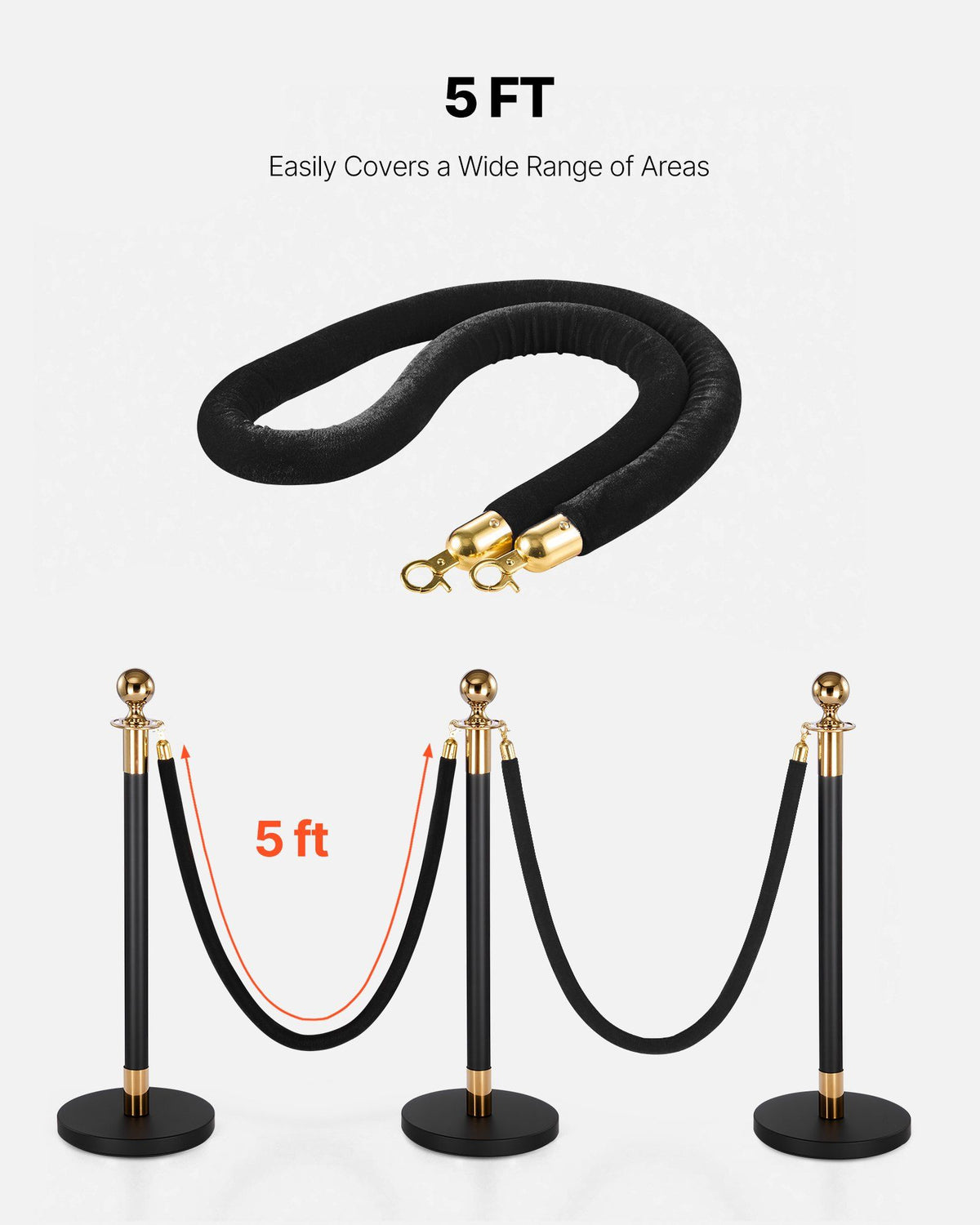 2 Pcs Black Velvet Stanchion Ropes, 1.5 m Crowd Control Stanchion Black Velvet Ropes with Gold Hooks, Post Queue Barrier Carpet Rope for Carpet Events Movie Theaters Grand Openings Hotels Party