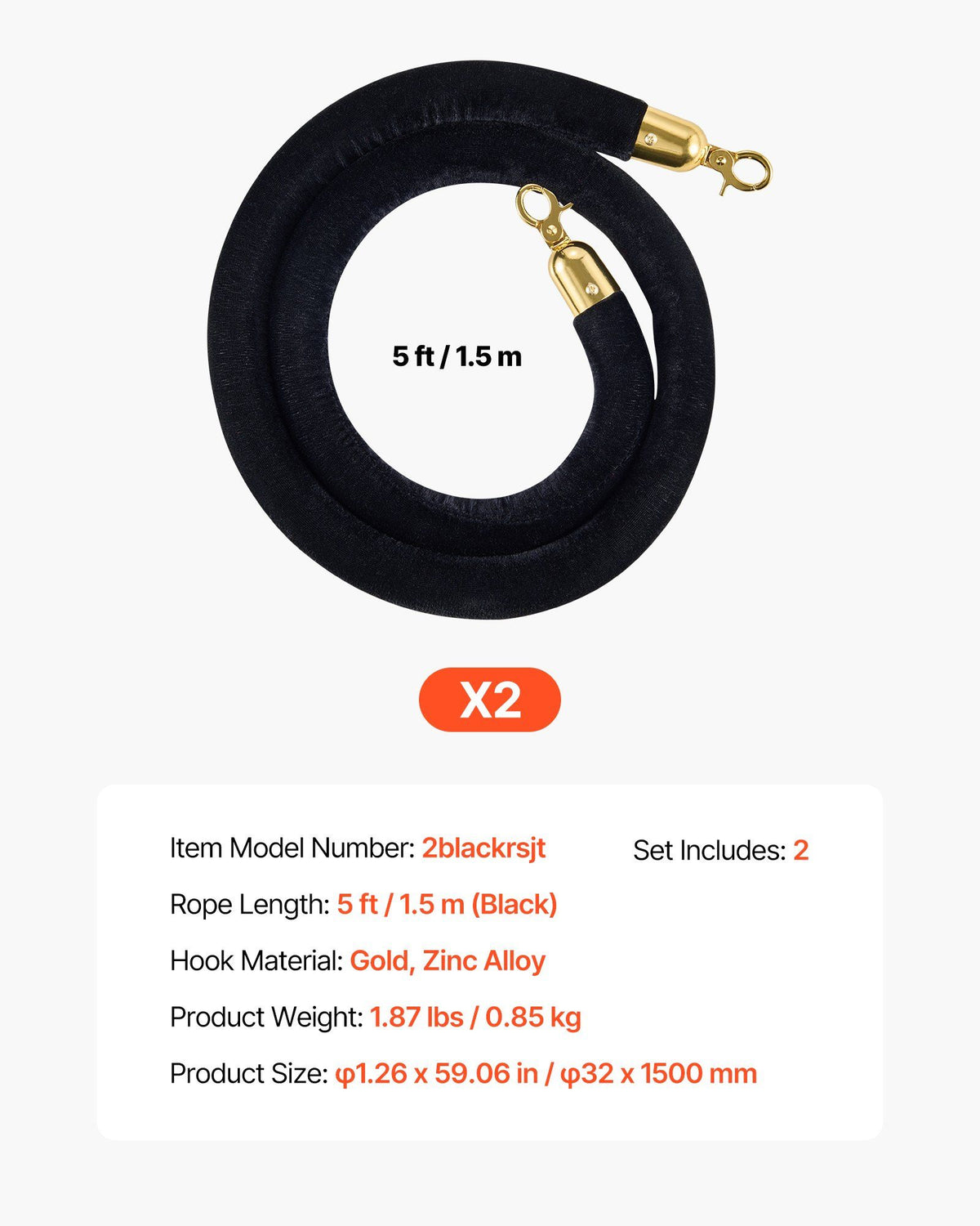 2 Pcs Black Velvet Stanchion Ropes, 1.5 m Crowd Control Stanchion Black Velvet Ropes with Gold Hooks, Post Queue Barrier Carpet Rope for Carpet Events Movie Theaters Grand Openings Hotels Party