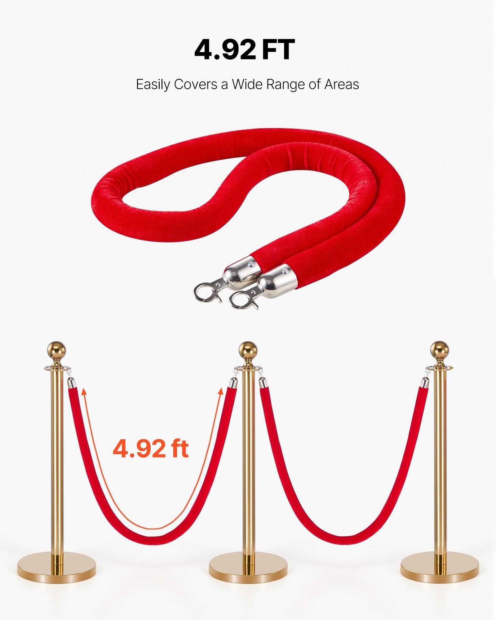2 Pcs Red Velvet Stanchion Ropes, 1.5 m Crowd Control Stanchion Red Velvet Ropes with Silver Hooks, Post Queue Barrier Carpet Rope for Carpet Events Movie Theaters Grand Openings Hotels Party