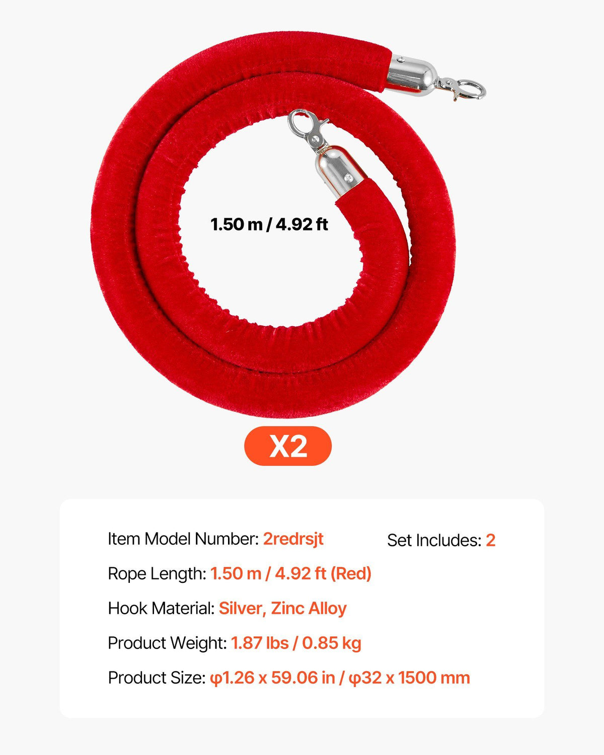 2 Pcs Red Velvet Stanchion Ropes, 1.5 m Crowd Control Stanchion Red Velvet Ropes with Silver Hooks, Post Queue Barrier Carpet Rope for Carpet Events Movie Theaters Grand Openings Hotels Party